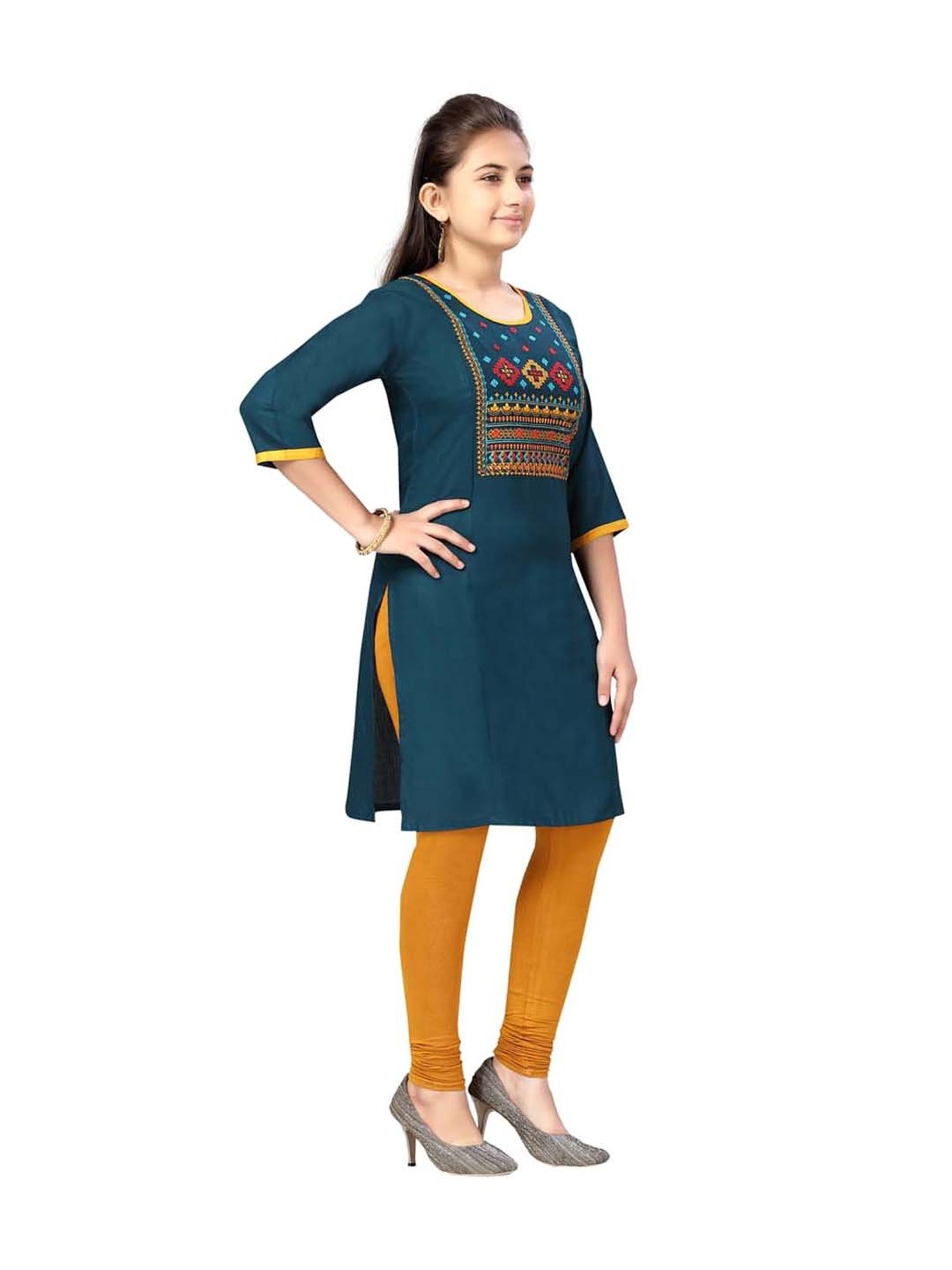 Aarika Kids Dark Green Cotton Embroidered Kurti