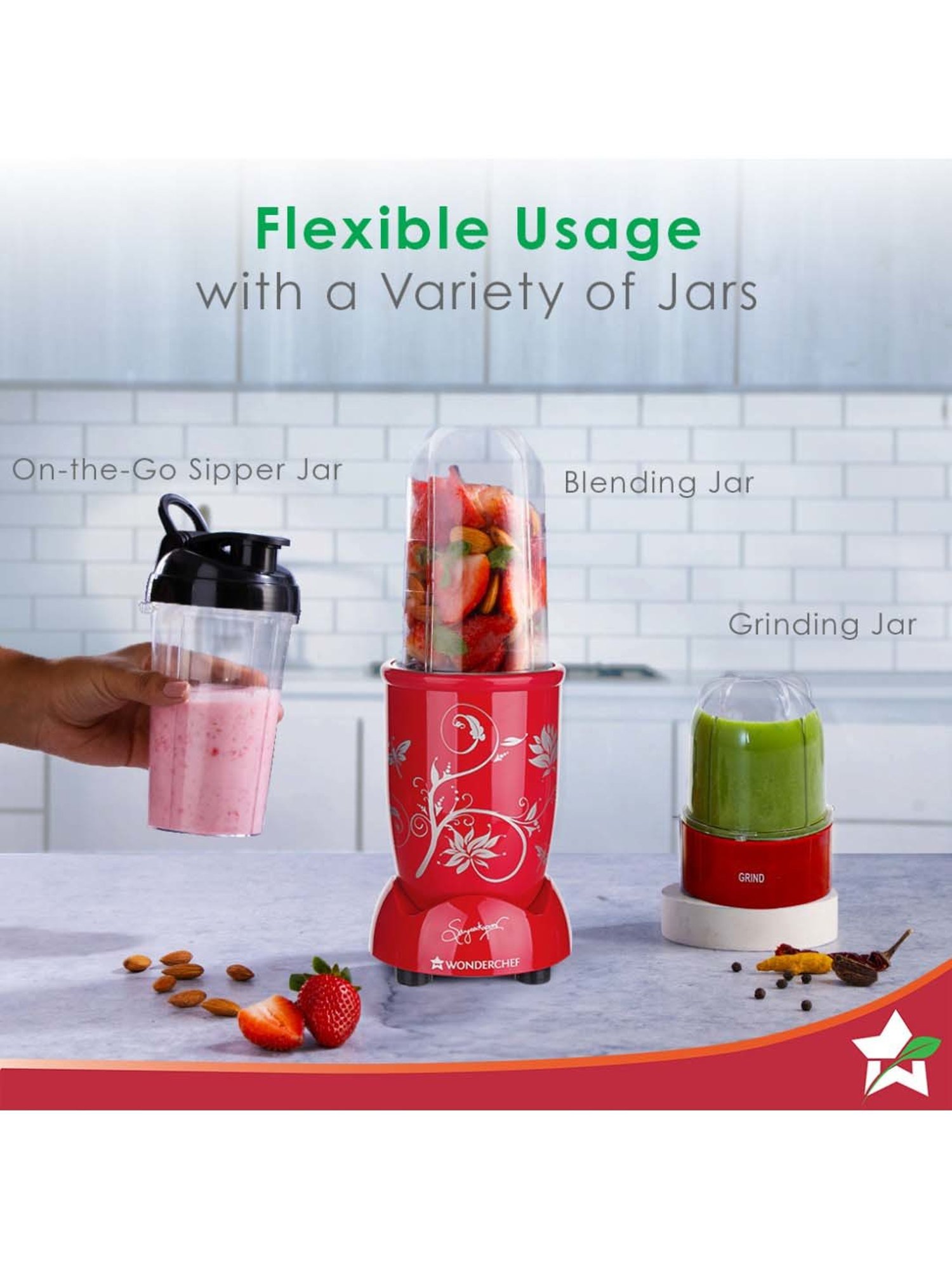 Wonderchef Nutri-blend Mixer Grinder 500W,22000 RPM with 3 Jars & SS Blades 2-Yr Warranty,Red