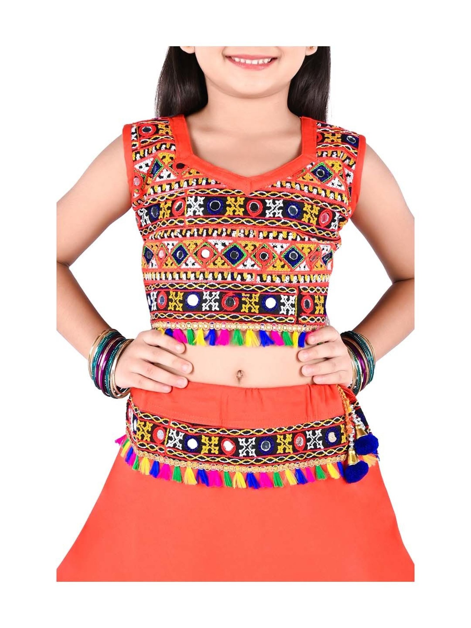 Ahhaaaa Kids Orange & Blue Cotton Embroidered Lehenga Cholis