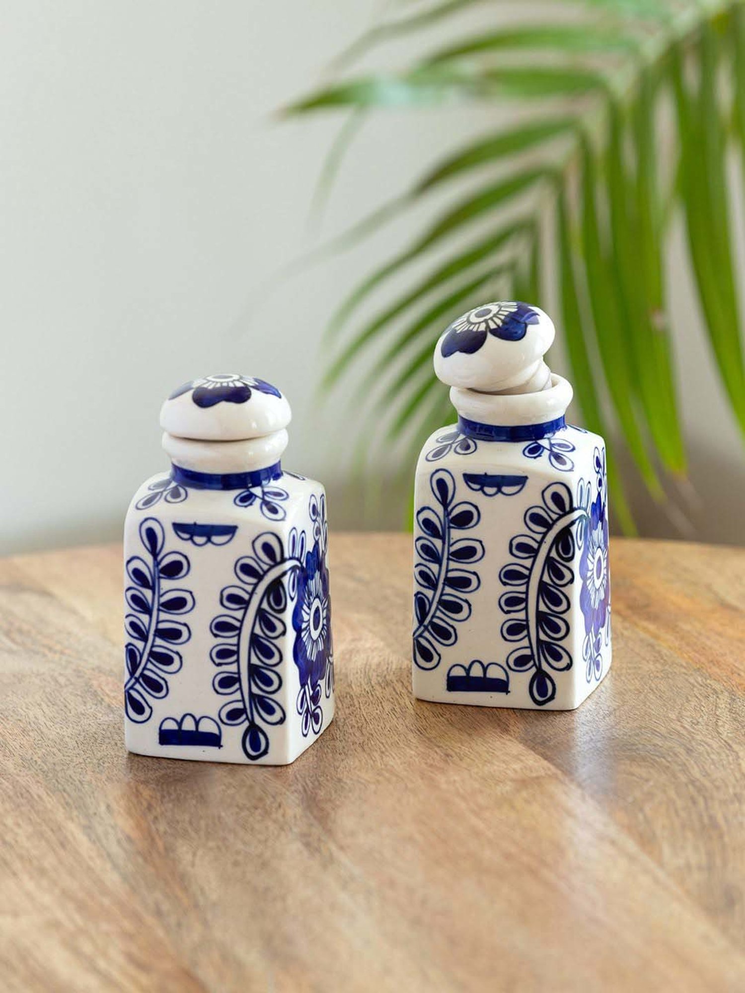 ExclusiveLane Mughal Gardens Ink Blue & White Ceramic Air-Tight Storage Container - Set of 2