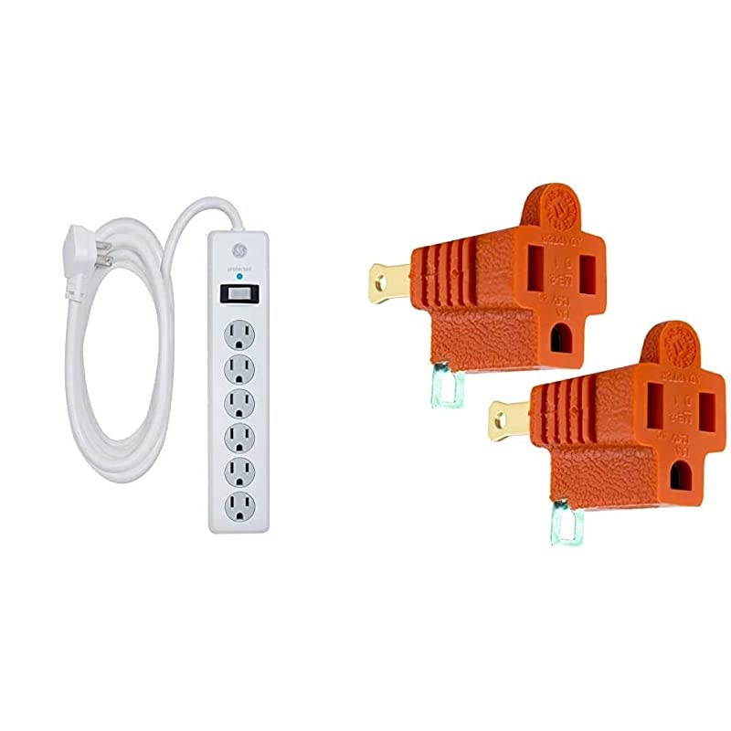 6 Outlet Sur Protector 10 Ft Extension Cord Power Strip 800 Joules Flat Plug White 14092 Polarized Grounding Adapter 2 Pack Turn 2Prong Outlets to 3Prong Outlets Oran
