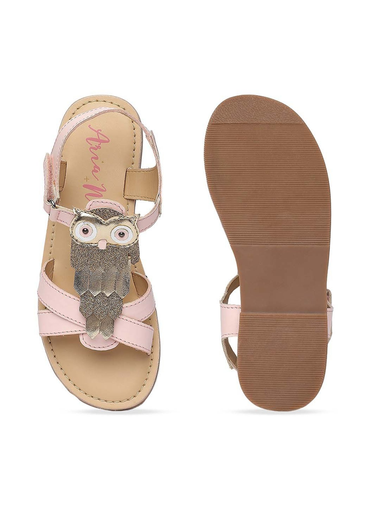 Aria Nica Kids Owl Pink & Beige Cross Strap Sandals