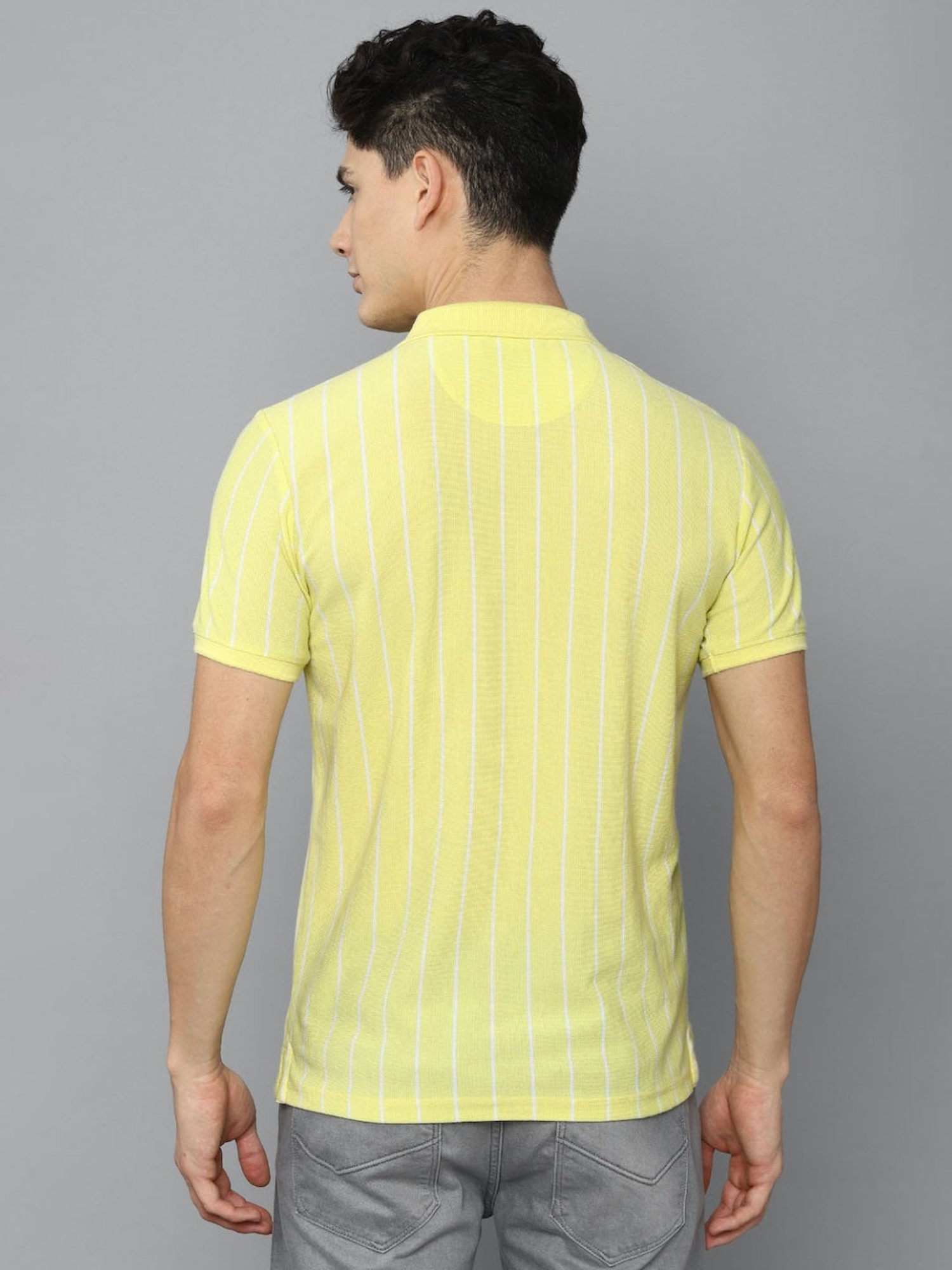Louis Philippe Sport Yellow Cotton Slim Fit Striped Polo T-Shirt