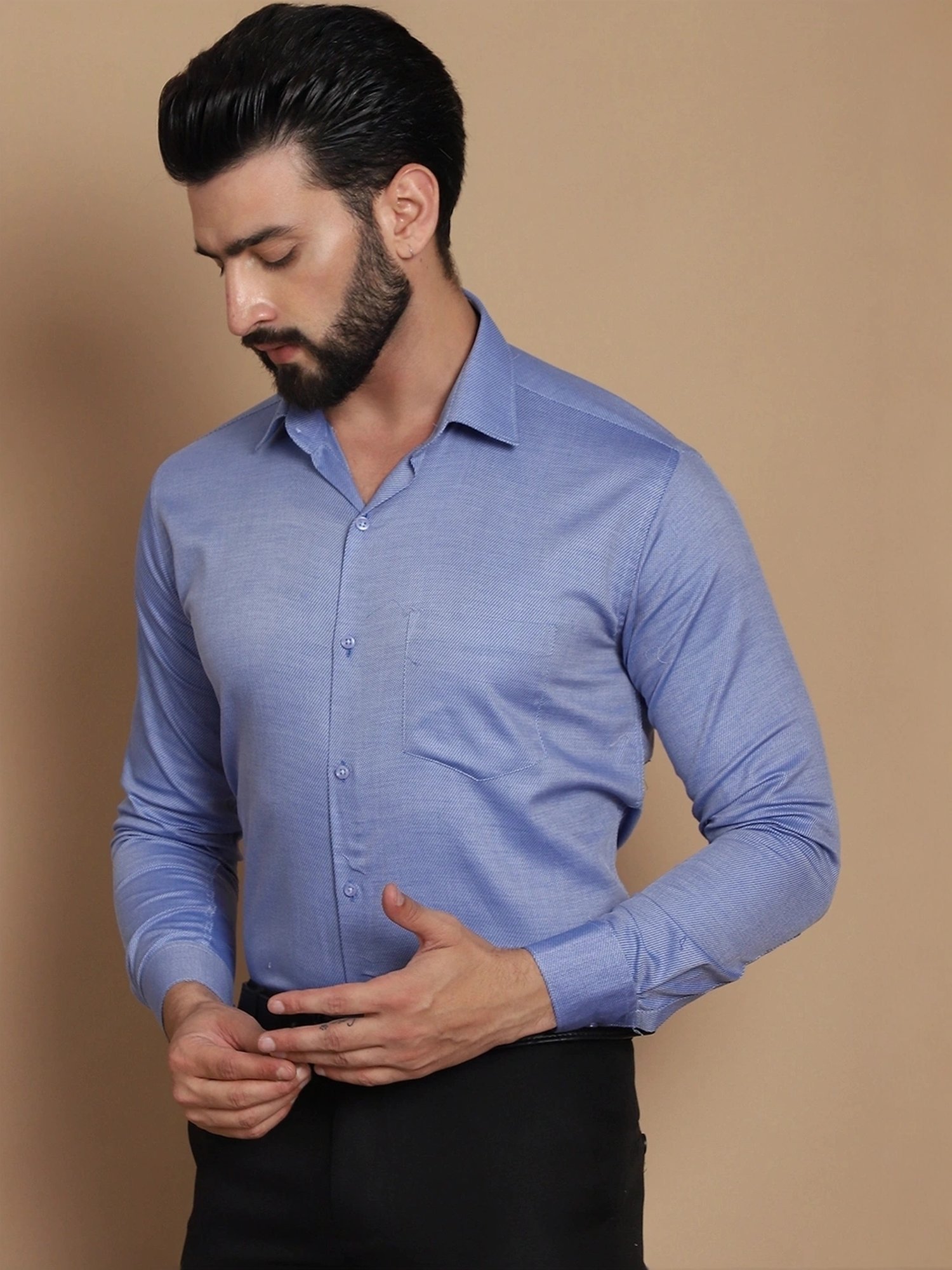 Tag 7 Blue Cotton Regular Fit Texture Shirt
