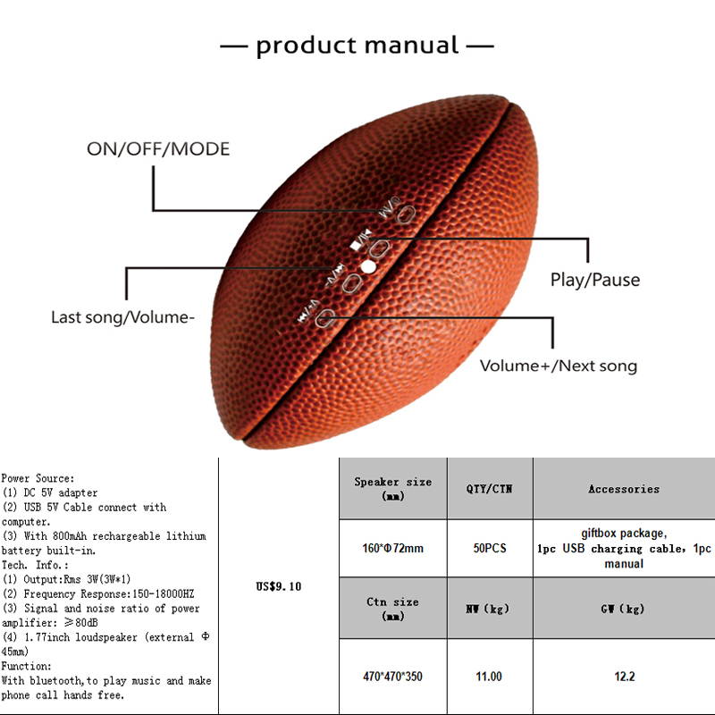 American Football Rugby Mini Portable Speaker Bluetooth BT 5.0 with MIC Bass Stereo Sound For Mobile Phone table or PC