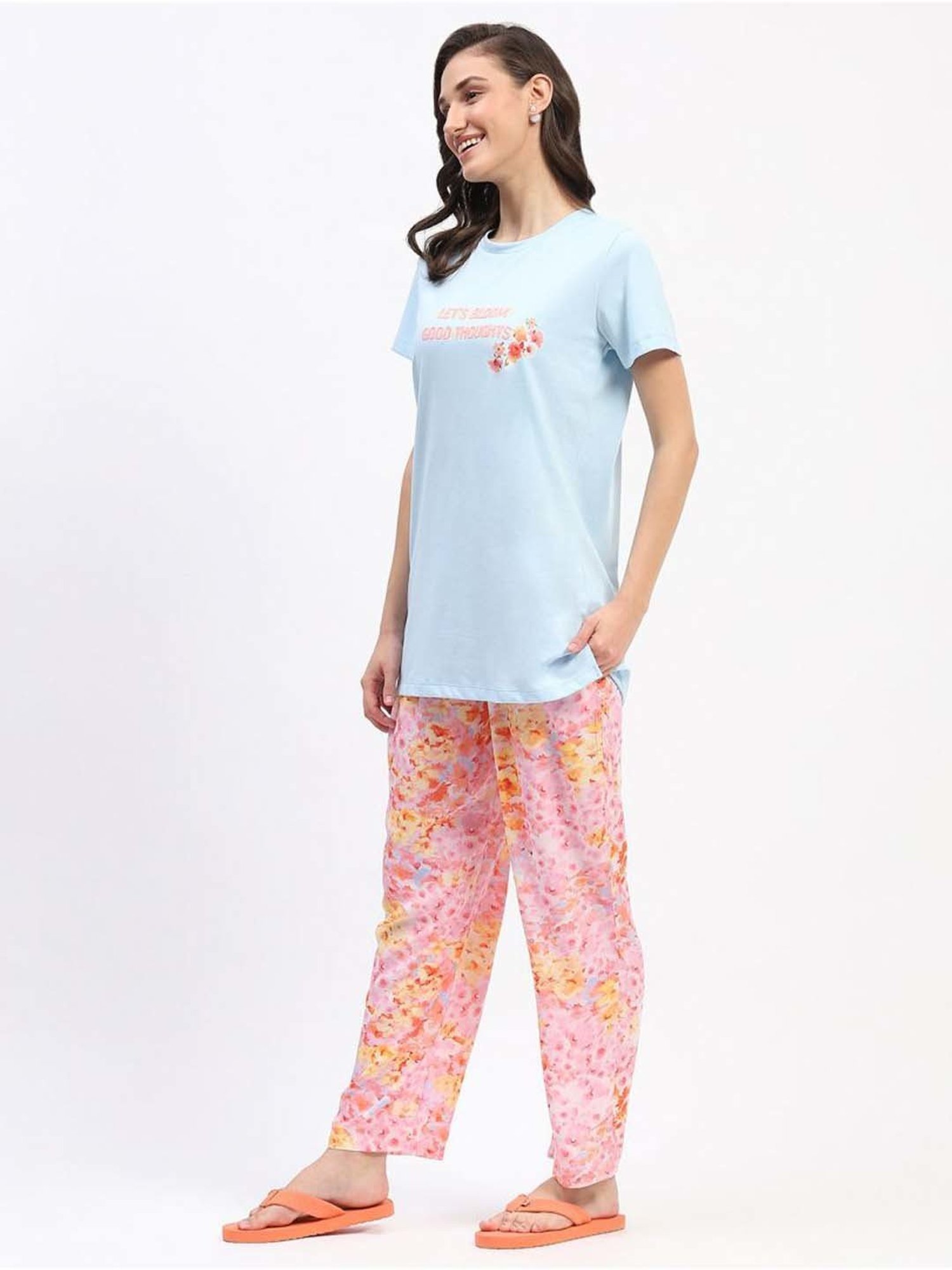 MADAME M Secret Blue & Pink Printed T-Shirt Pyjamas Set