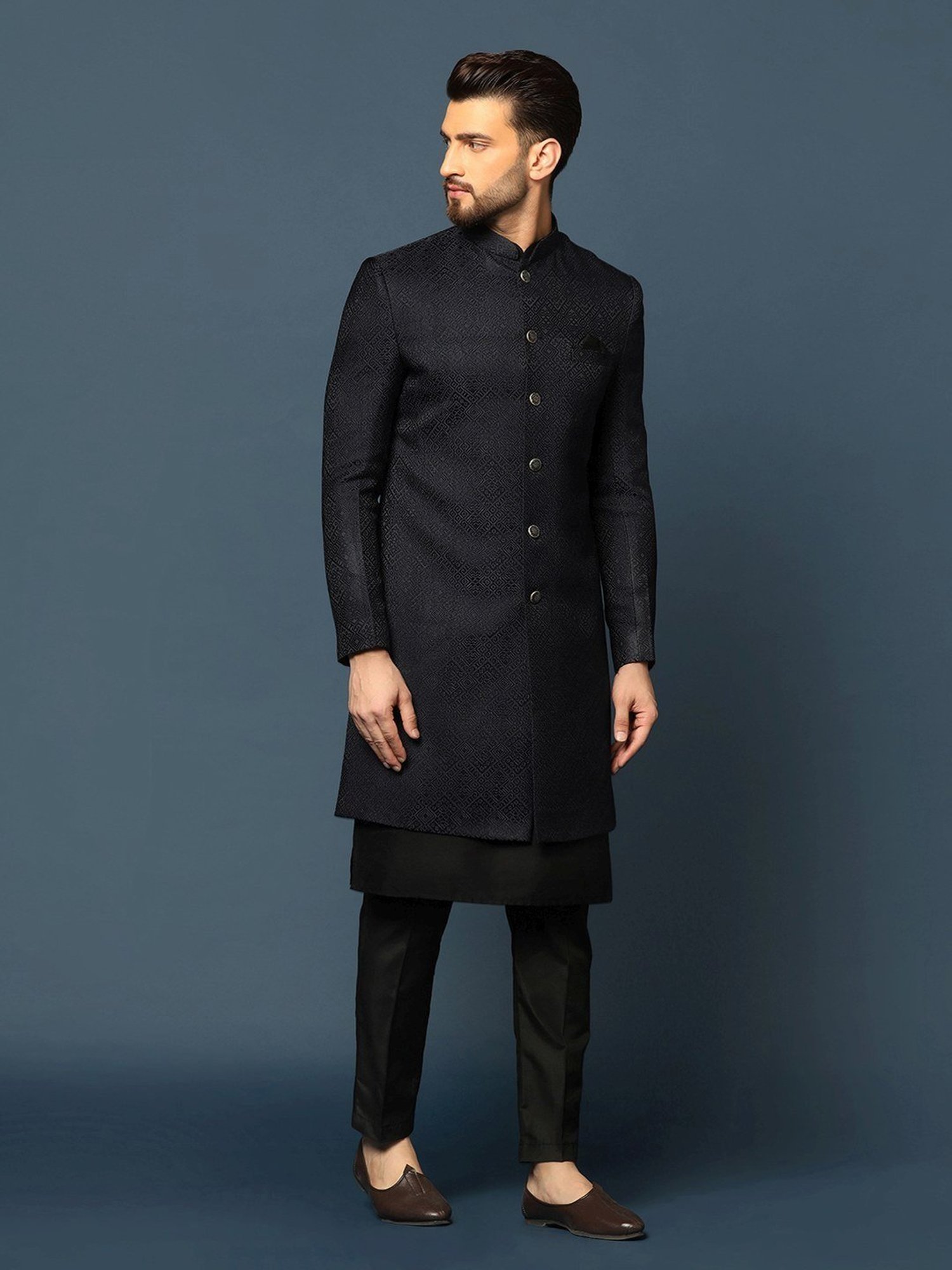 KISAH Navy Cotton Regular Fit Self Pattern Sherwani Set