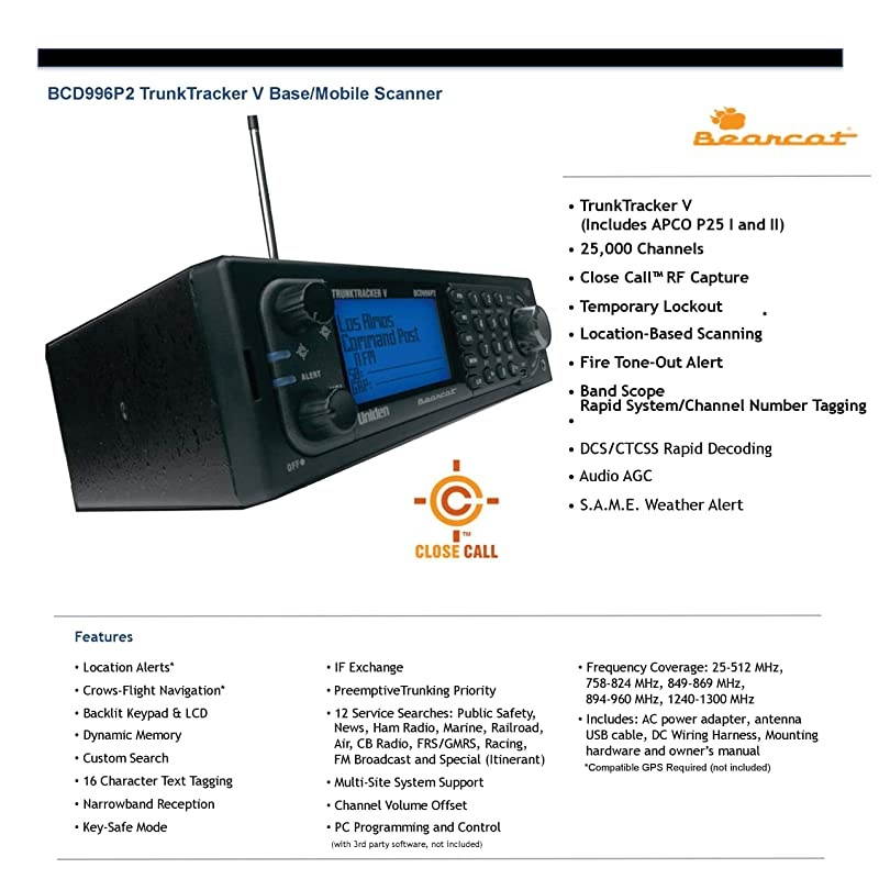 BCD996P2 Digital Mobile TrunkTracker V Scanner 25000 Dynamically Allocated Channels Close Call RF Capture Technology 4Line Alpha display BaseMobile Design Phase 2 LocationBased Scanning