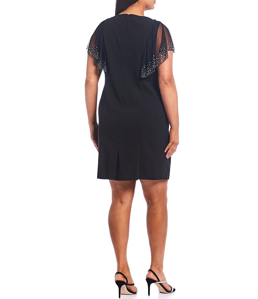 Jkara Plus V-Neck Short Sleeve Beaded Bodice Capelet Gown