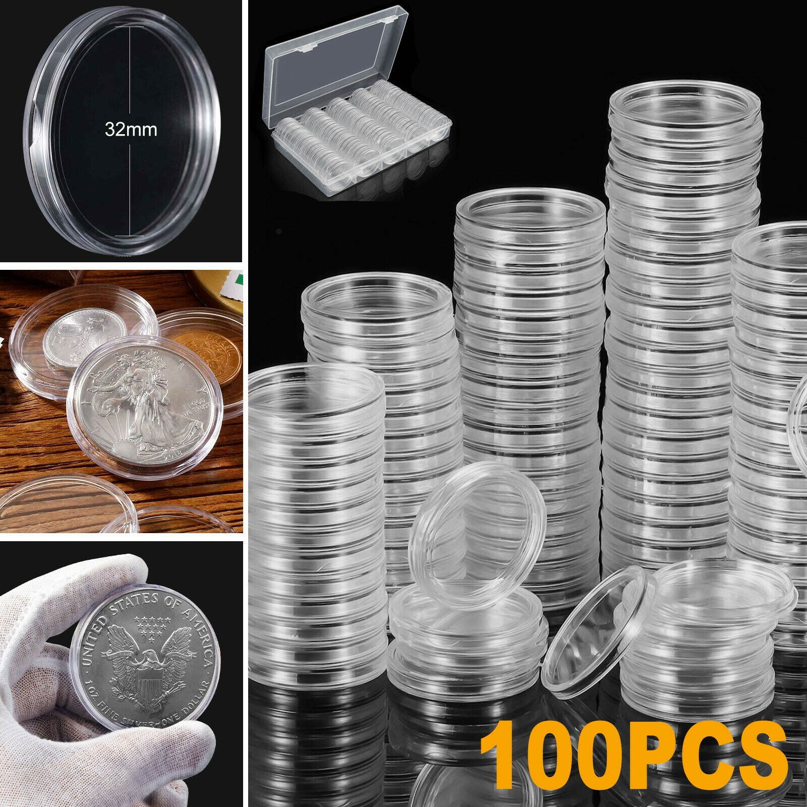 100Pcs 32mm Clear Round Coin Capsule Container Storage Box Holder Case Plastic