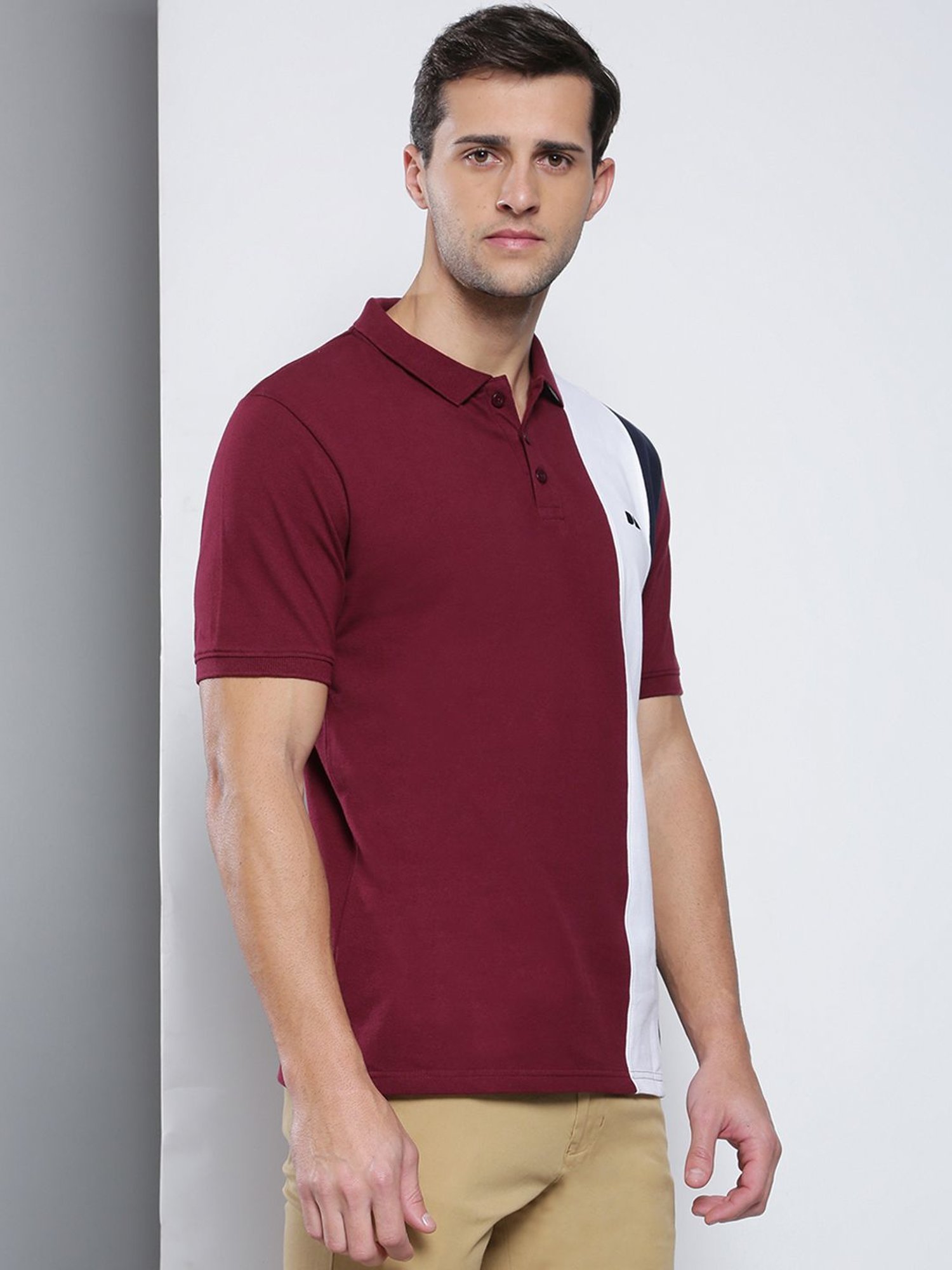 Dennis Lingo Burgundy Cotton Slim Fit Colour Block Polo T-Shirt