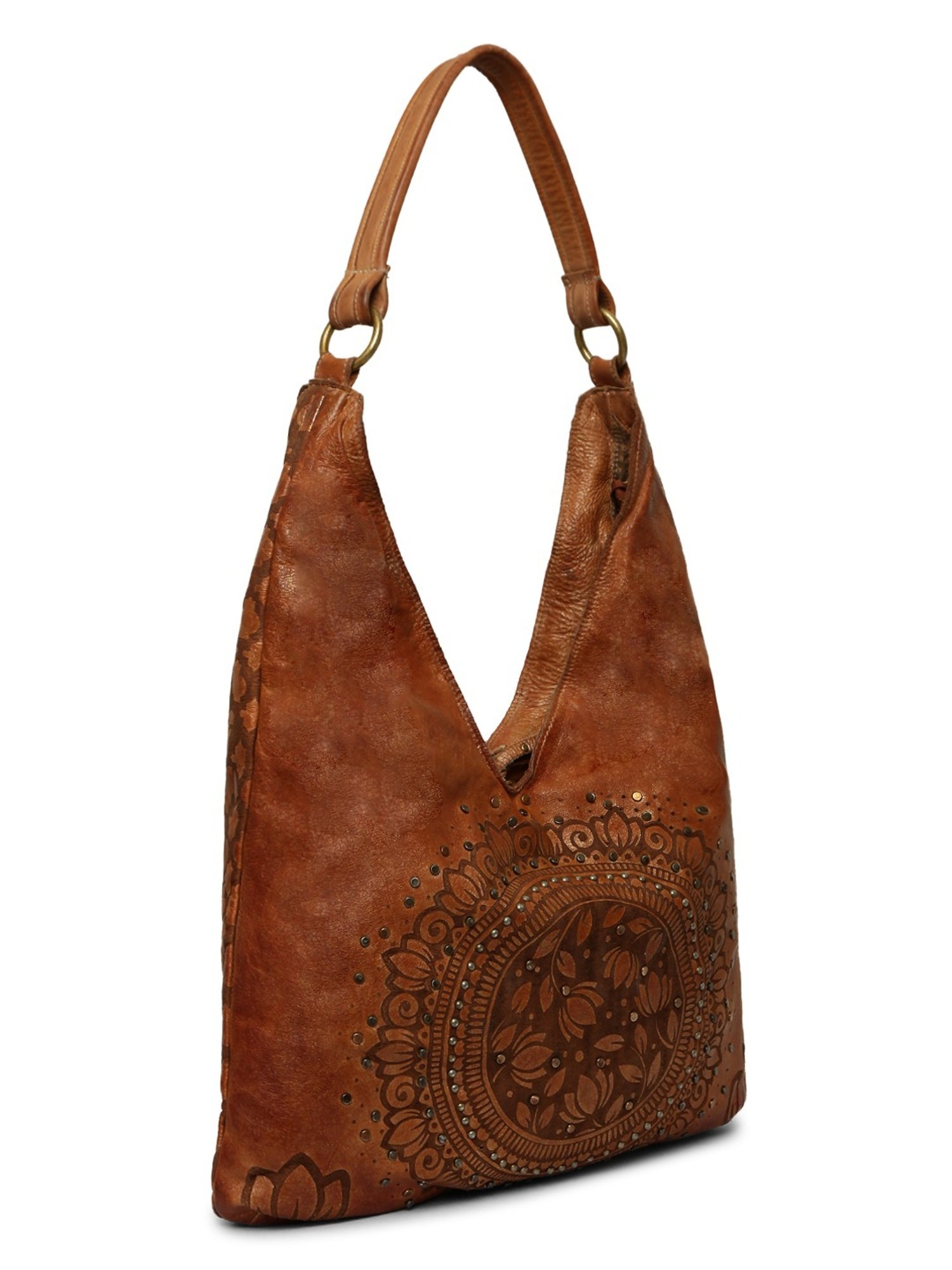 Art N Vintage Luminosa Cognac Leather Floral Large Hobo Handbag