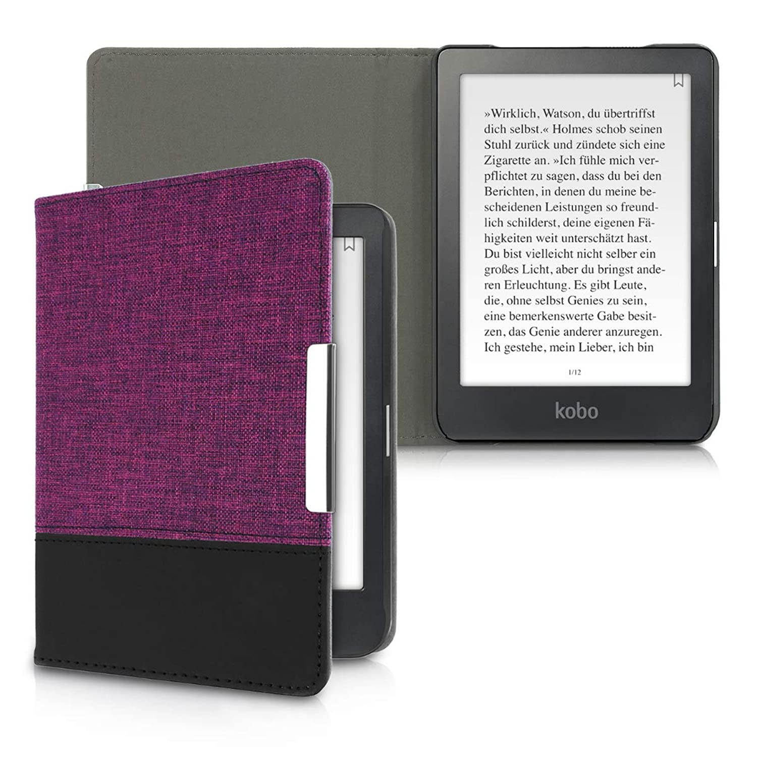 kwmobile Case Compatible with Kobo Clara HD - PU Leather and Canvas e-Reader Cover - Violet/Black