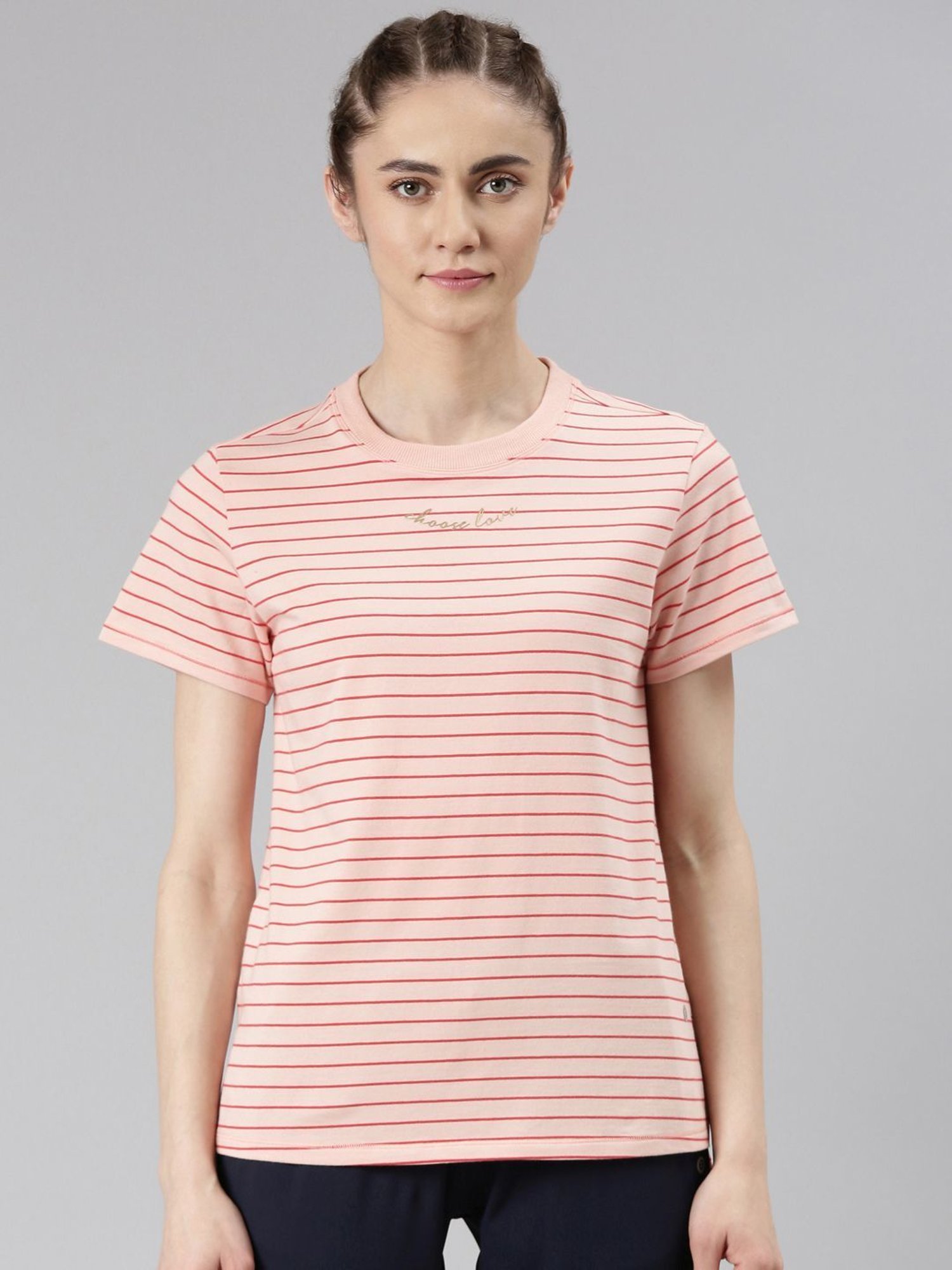 Enamor Salmon Pink Cotton Striped Sports T-Shirt