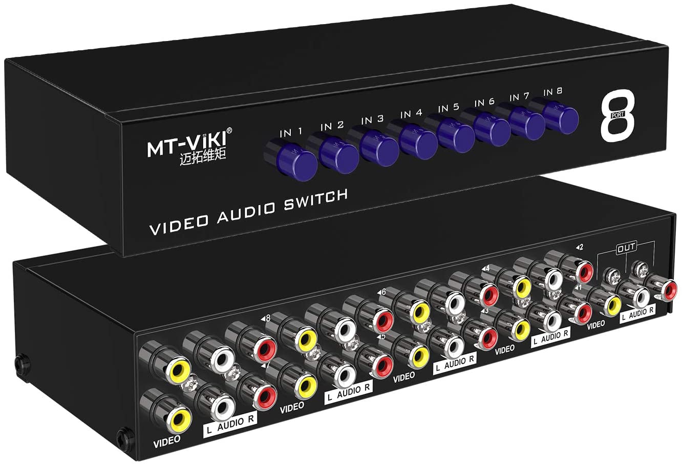 8 Way AV RCA Switch, 8 in 1 Out Composite Video L/R Audio Switcher Selector Box for DVD Player, SNES, N64, PS2/3 Game Consoles