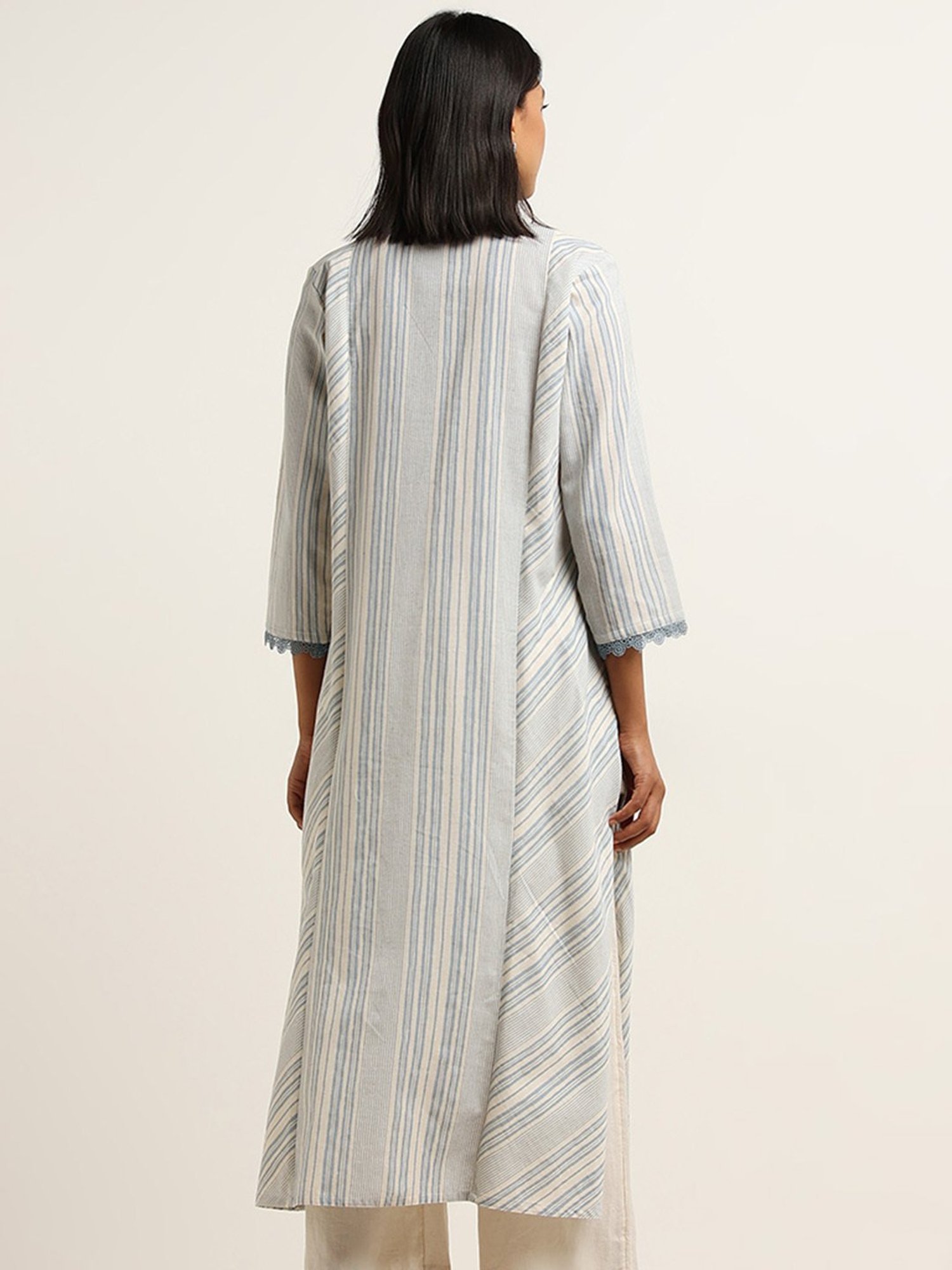 Utsa by Westside Blue Lace Design Blended Linen A-Line Kurta