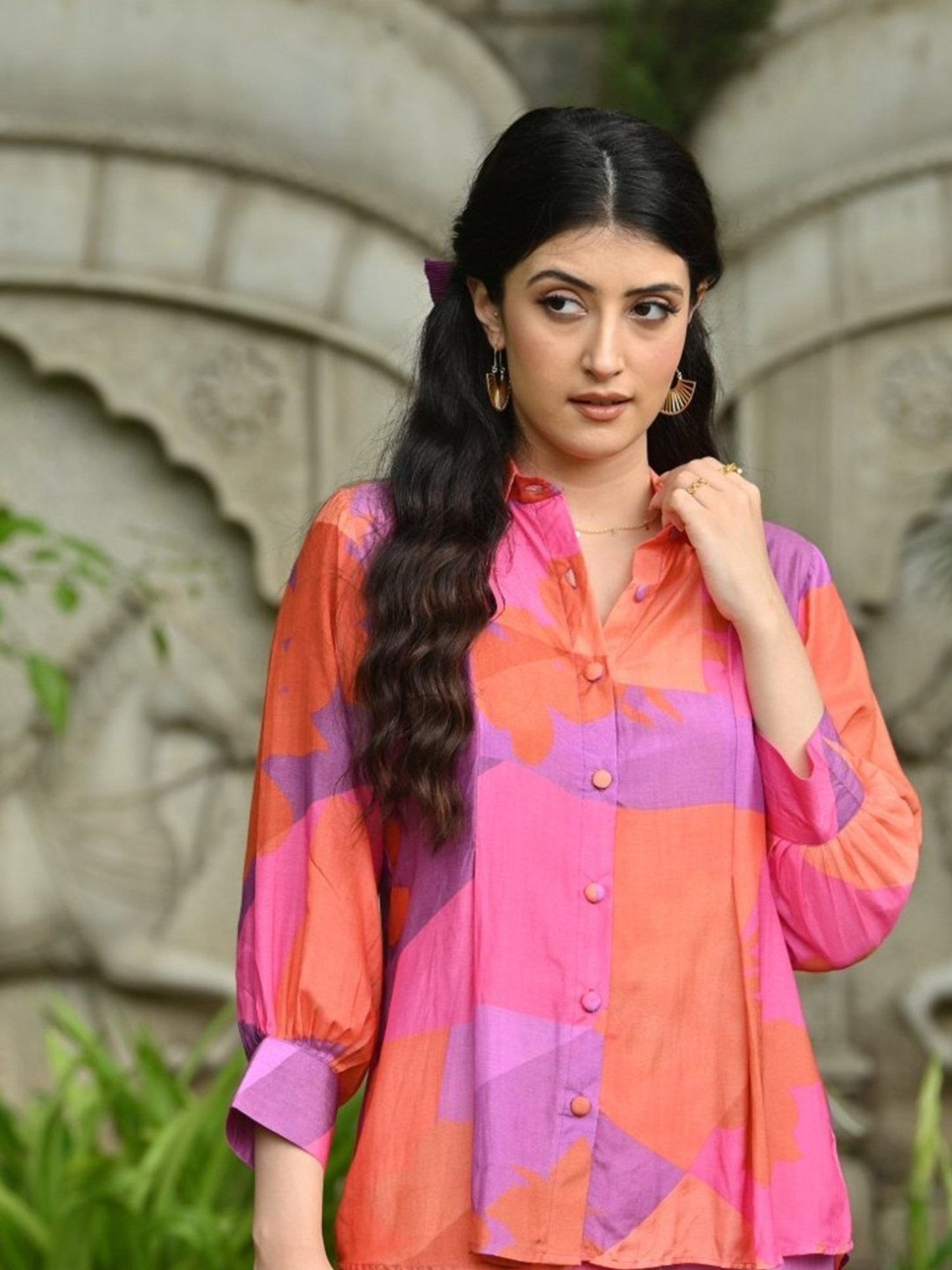 Mahee Jaipur Purple & Orange Purple and Orange Geometric Botanic design Shirt with Pant Co-ord Set