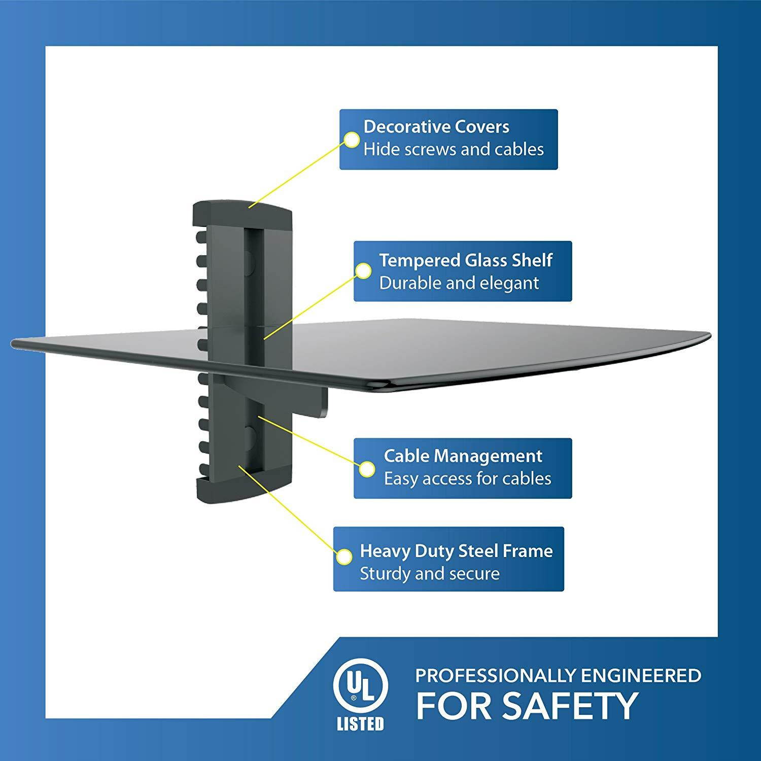 QualGear UL Listed Universal Single Shelf Wall Mount for A/V Components, Black (QG-DB-001-BLK)