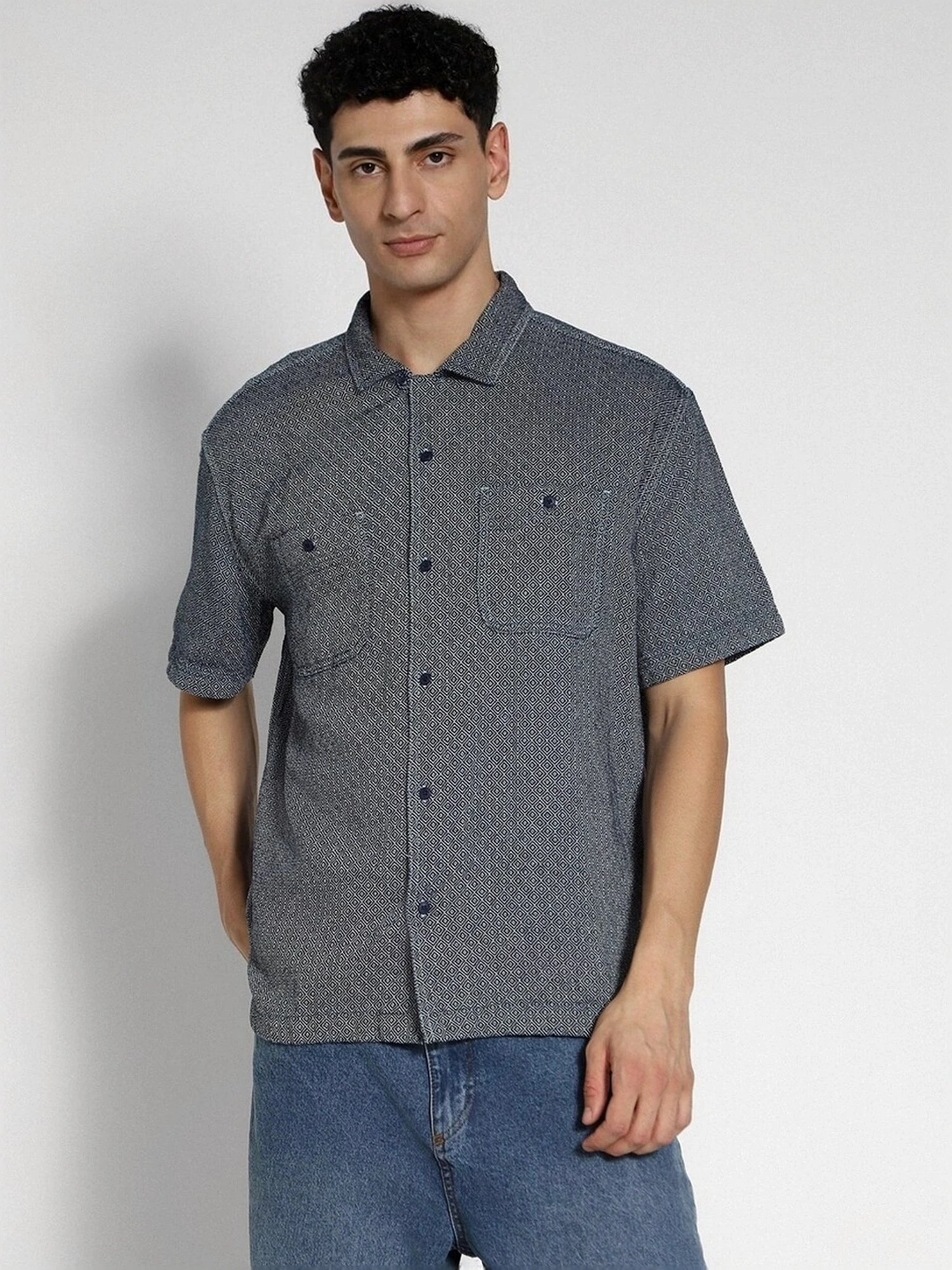 American Eagle Navy Cotton Regular Fit Printed Shirt