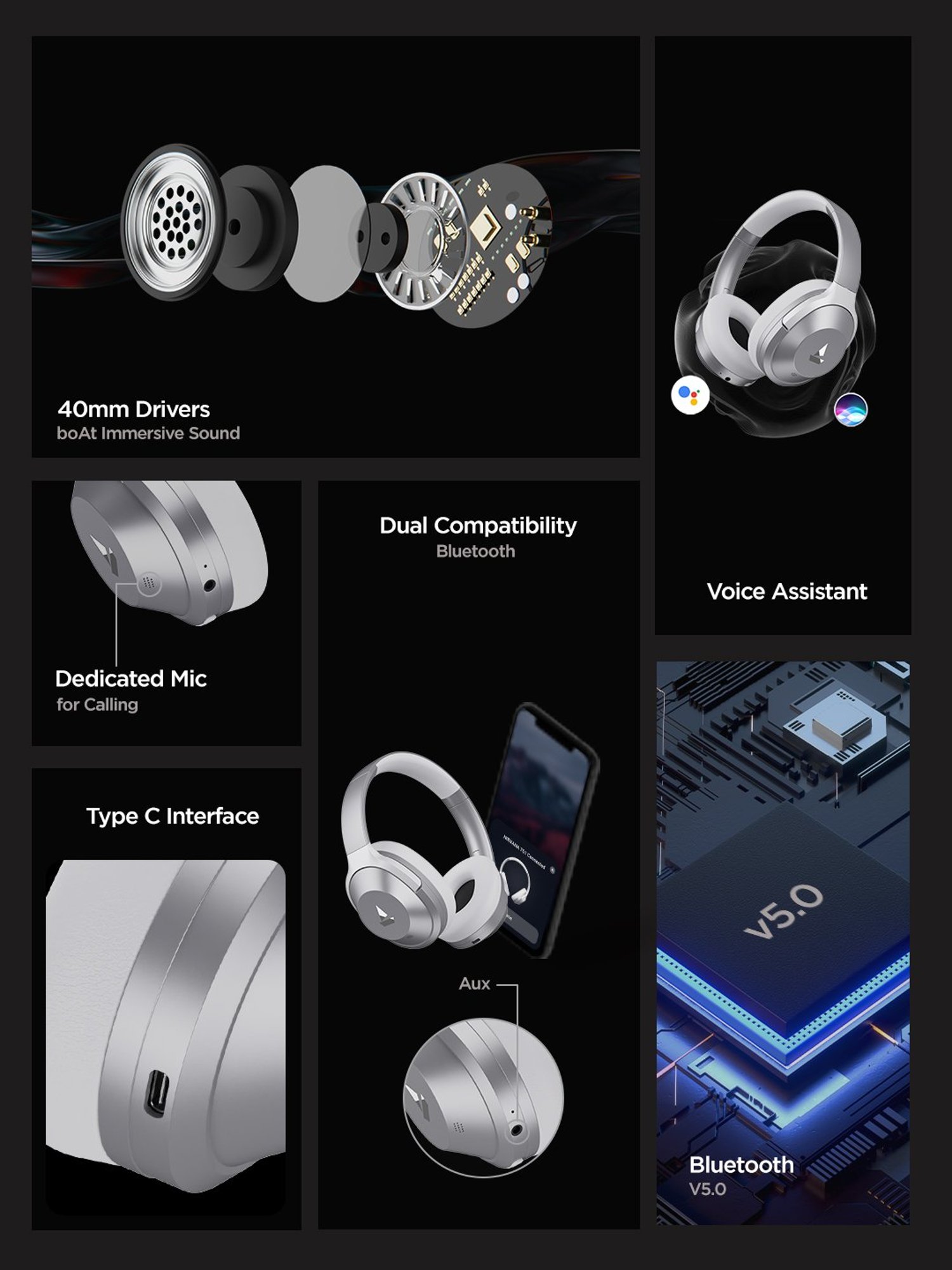 boAt Nirvanaa 751ANC T Headset with Hybrid Active Noise Cancellation & 65H Playback(Sterling Silver)