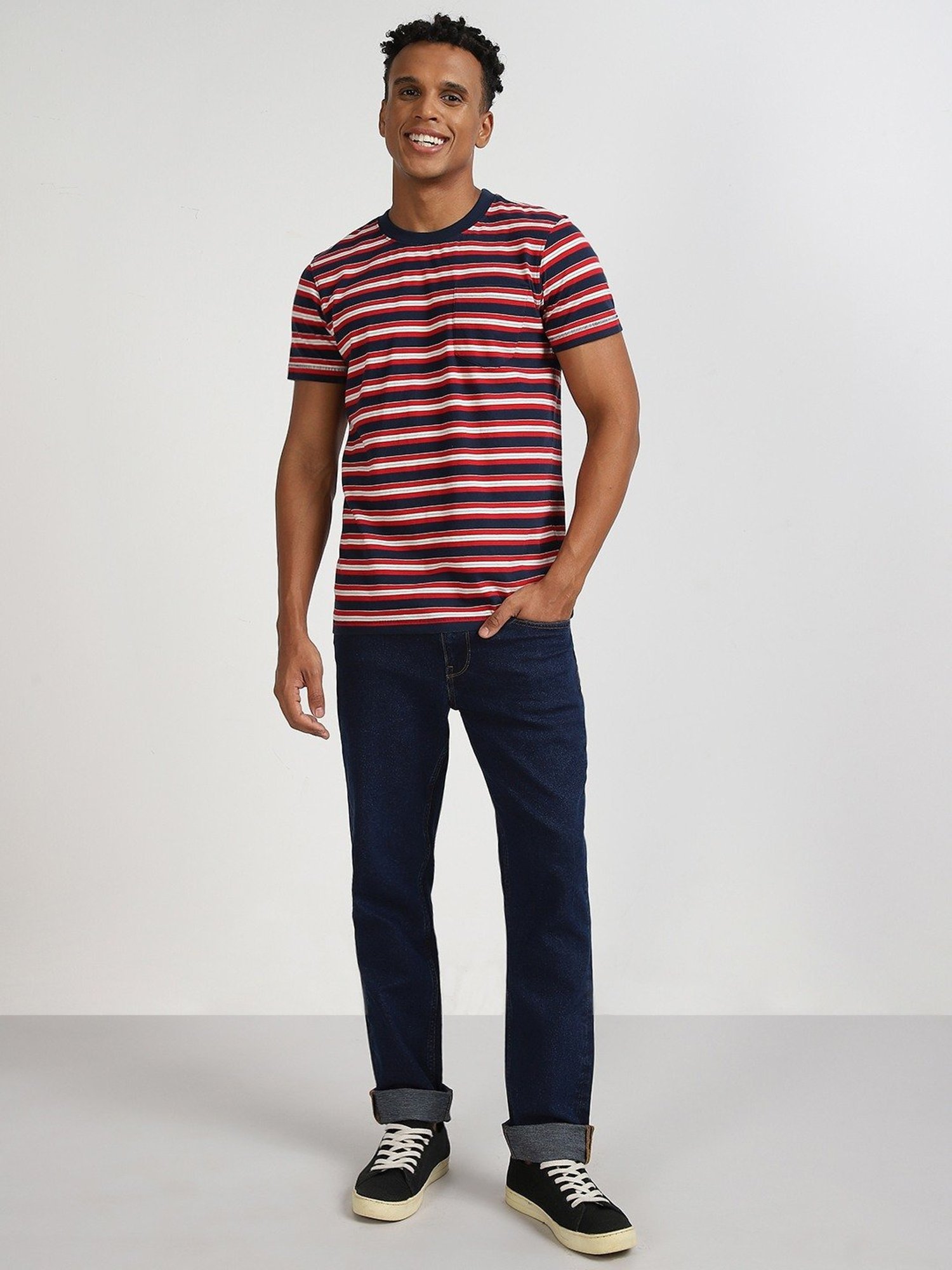 Lee Navy & Red Cotton Regular Fit Striped T-Shirt