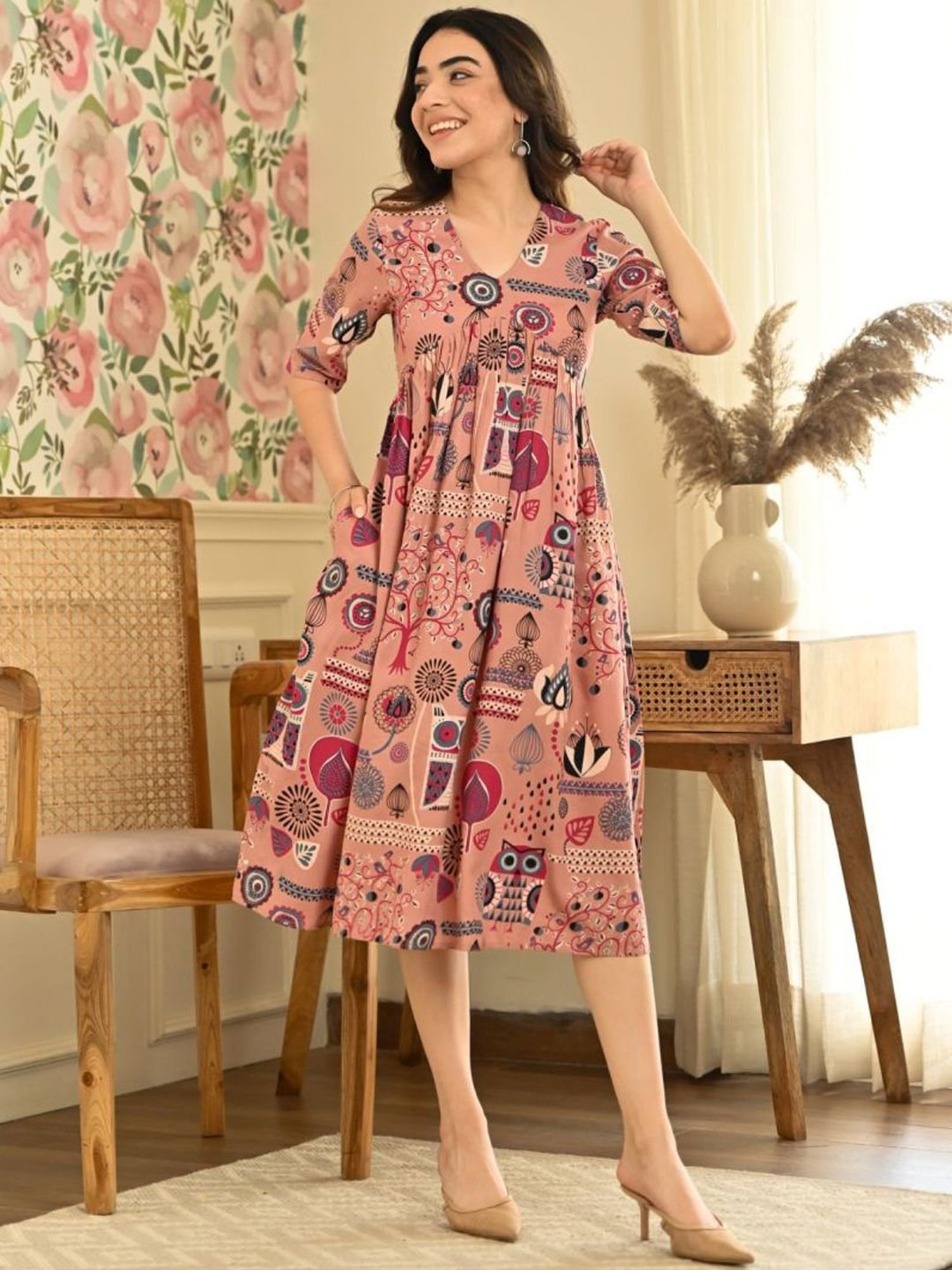 Rustorange Pink Printed A-Line Dress