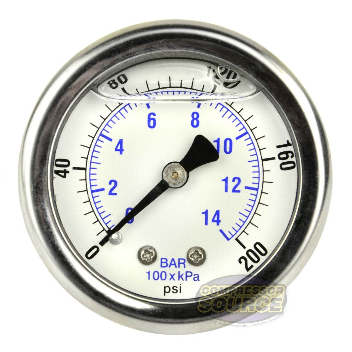 2" Back Mount 1/4 Liquid Filled 200 PSI Compressed Air Compressor Pressure Gauge