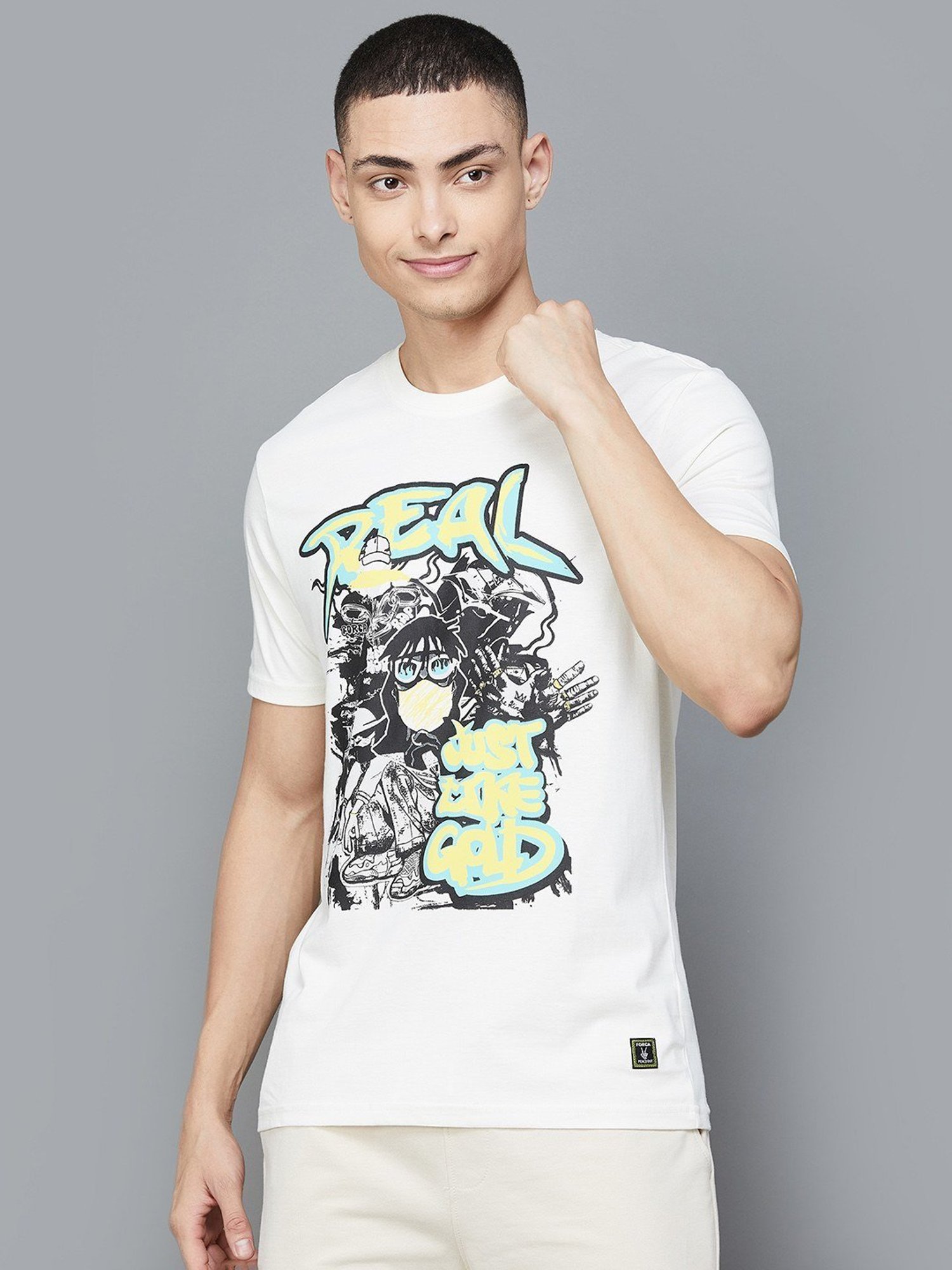 Forca by Lifestyle White Cotton Regular Fit Printed T-Shirt