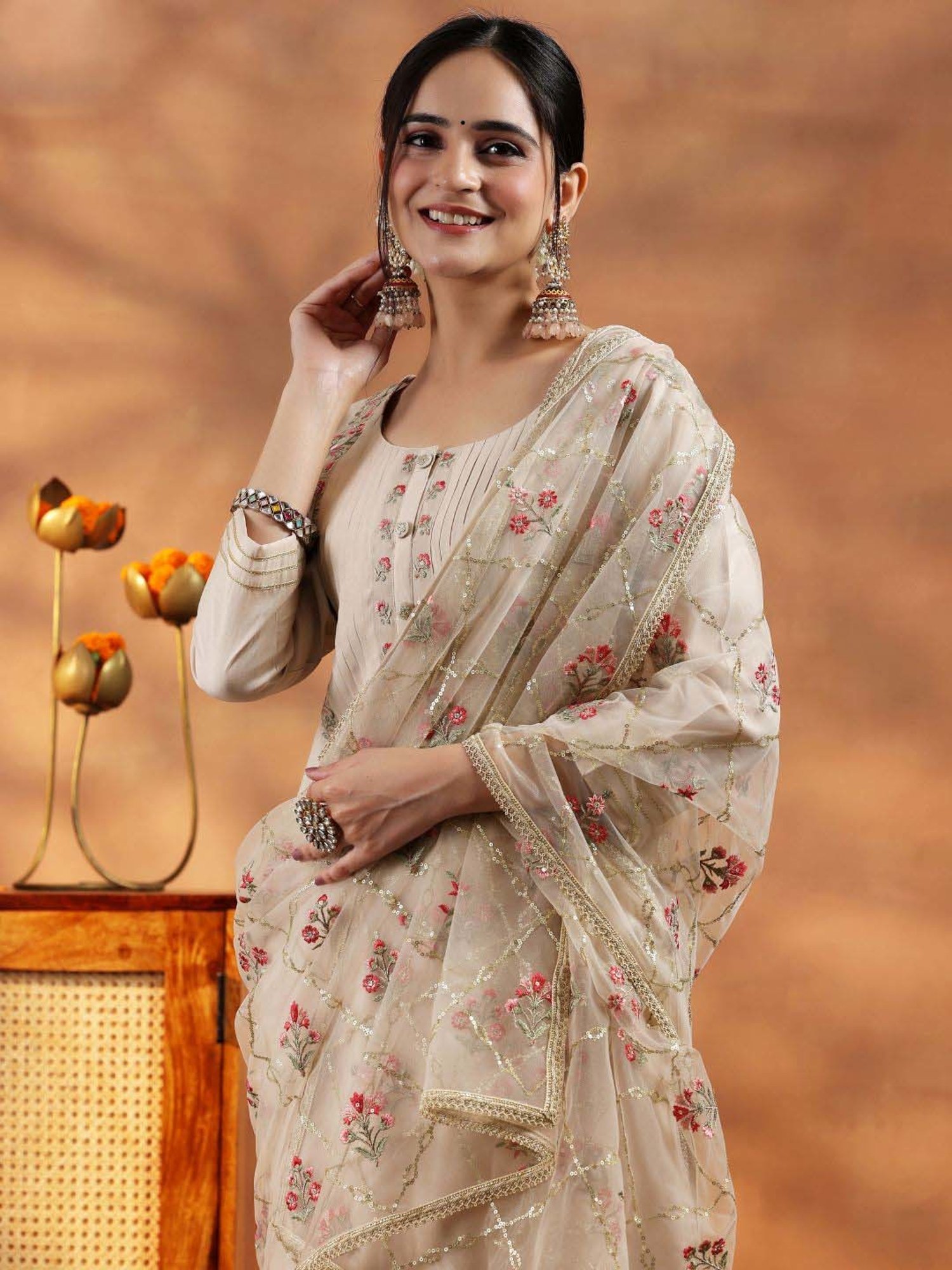 Libas Beige Embroidered Kurta Pant Set With Dupatta