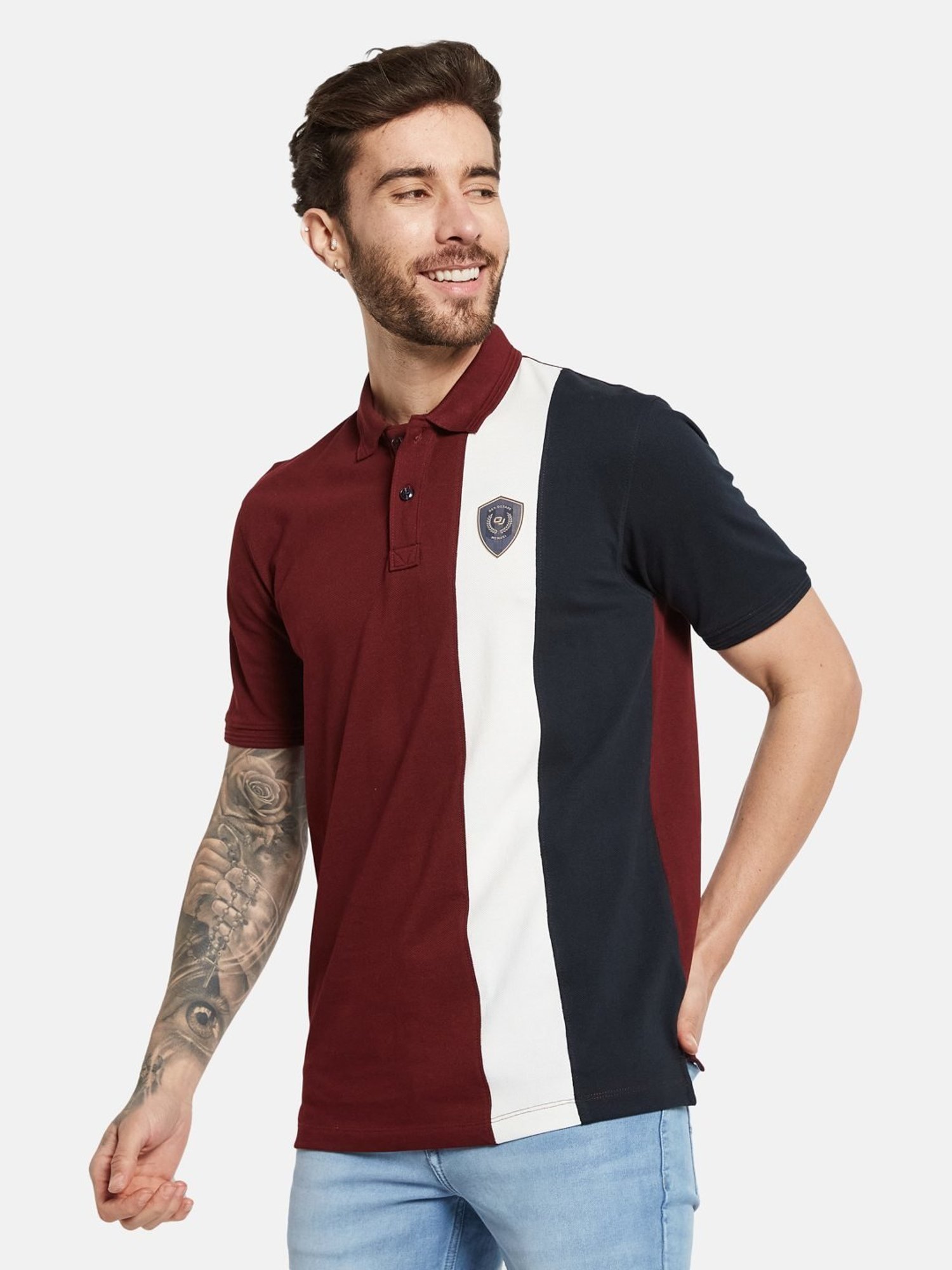 Octave Merlot Cotton Regular Fit Colour Block Polo T-Shirt