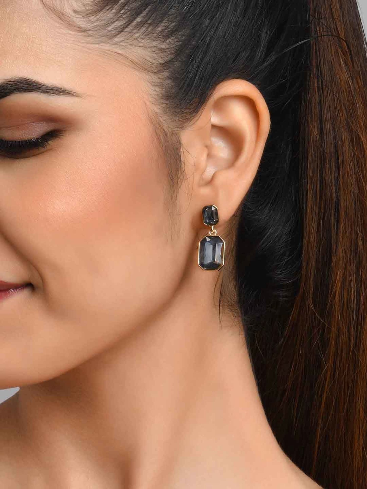 ToniQ Classic Gold-Plated Black Crystal Stone Drop Earrings