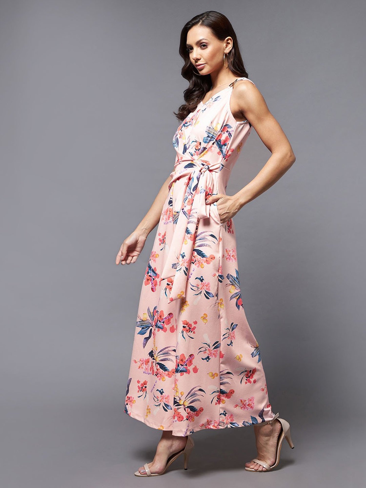 Miss Chase Peach Floral Print Jumpsuit