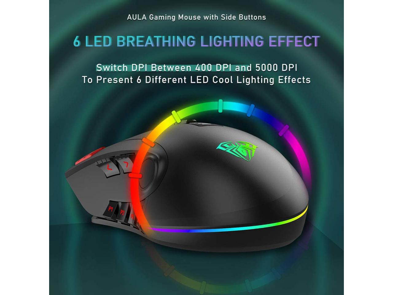 AULA H512 Gaming Mouse, RGB Breathing Backlit, 5000 dpi, 11 Keys Custom Programable, Custom Weight, Ergonomic Gaming USB Optical Mice, Gamer Desktop Laptop PC Wired Mouse, Black