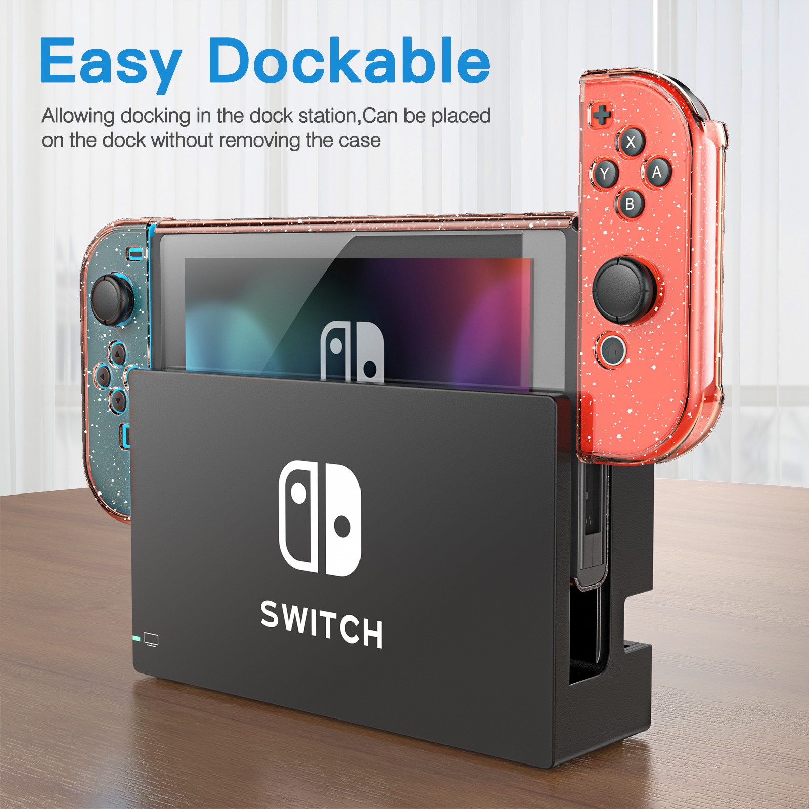 HEYSTOP Case Compatible with Nintendo Switch Dockable, Protective PC Cover Compatible with Nintendo Switch and Joy Con Controller with a Switch Screen Protector and 4 Thumb Stick Caps (Red Glitter)