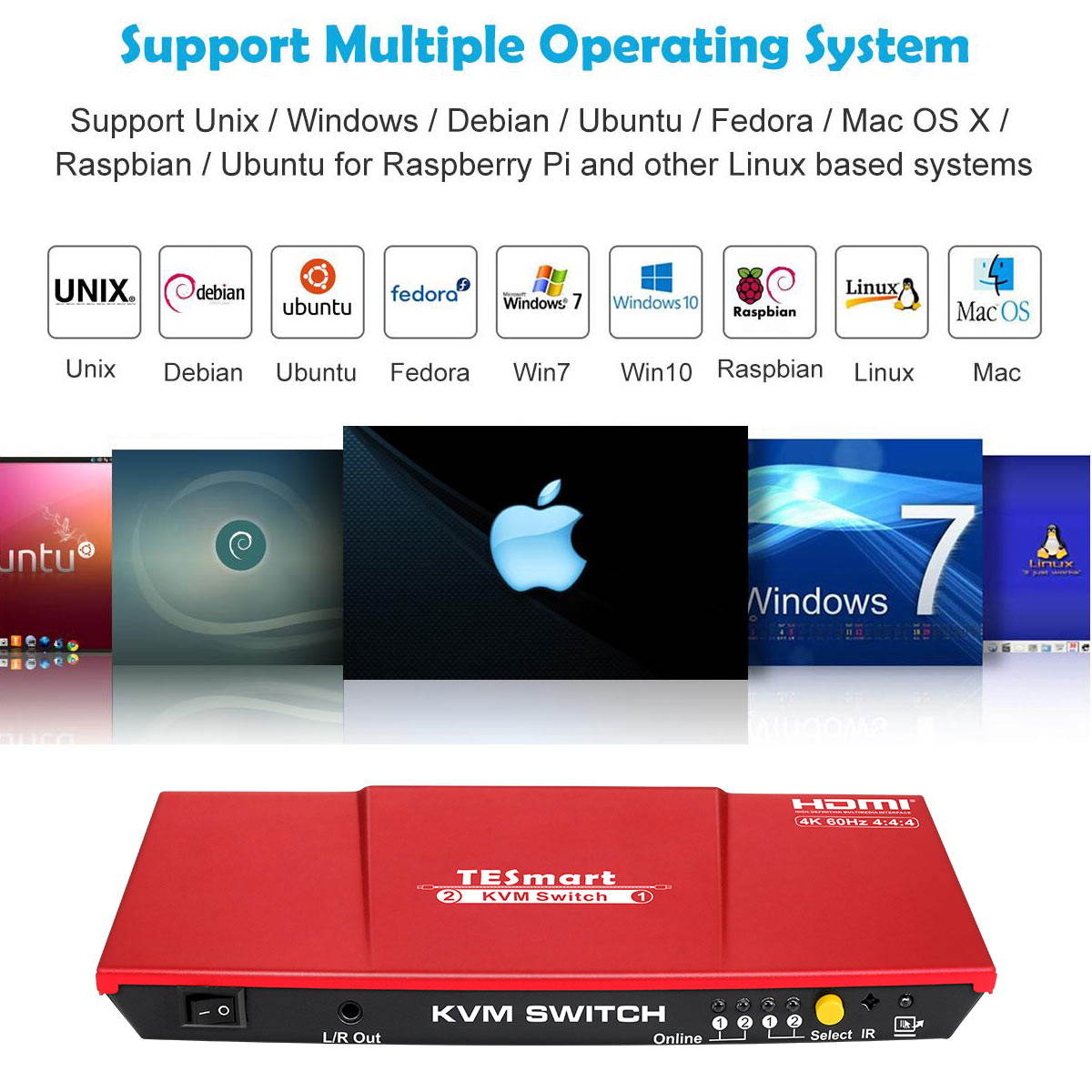 TESmart 2x1 HDMI KVM Switch 4K 3840x2160@60Hz 4:4:4 USB 2.0 2Pcs 5ft KVM Cables Control of 2 Computers/Servers/DVR (BLACK) EU Standard Plug