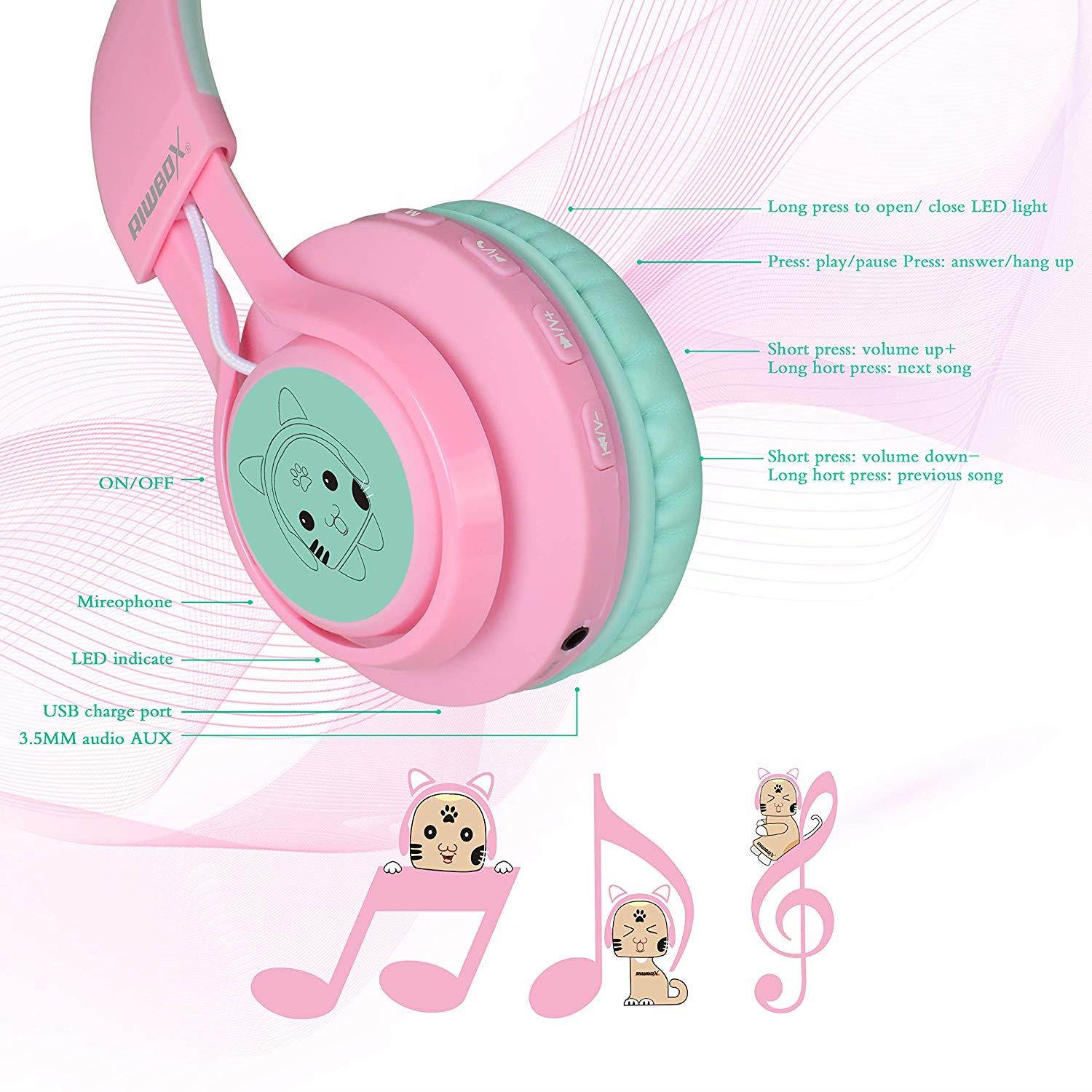 Riwbox Bluetooth Headphones, Riwbox CT-7 Cat Ear LED Light Up Wireless Foldable Headphones Over Ear Microphone Volume Control iPhone/iPad/Smartphones/Laptop/PC/TV (Pink&Green)