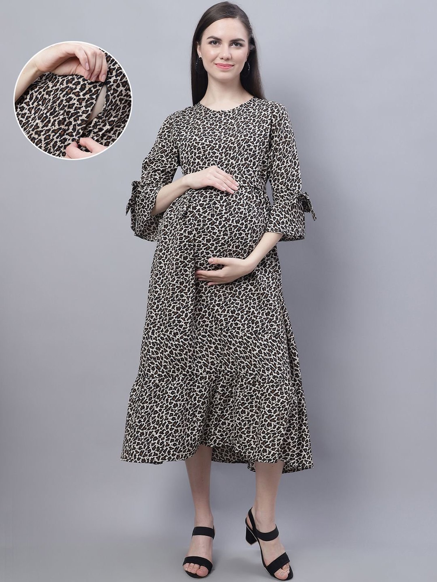 Moms Maternity Black & Beige Printed Dress