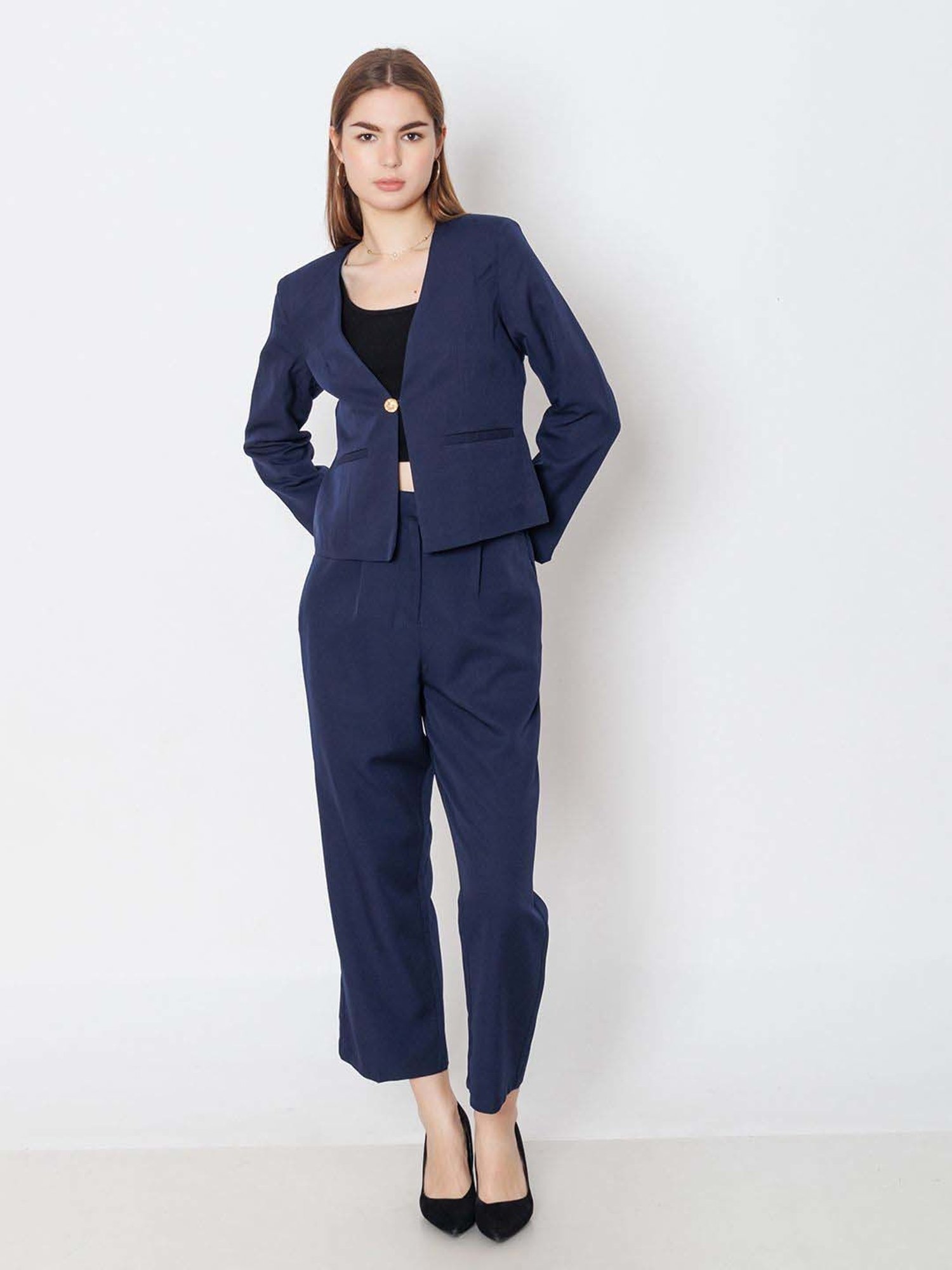 Zink London Navy Regular Fit Formal Trousers