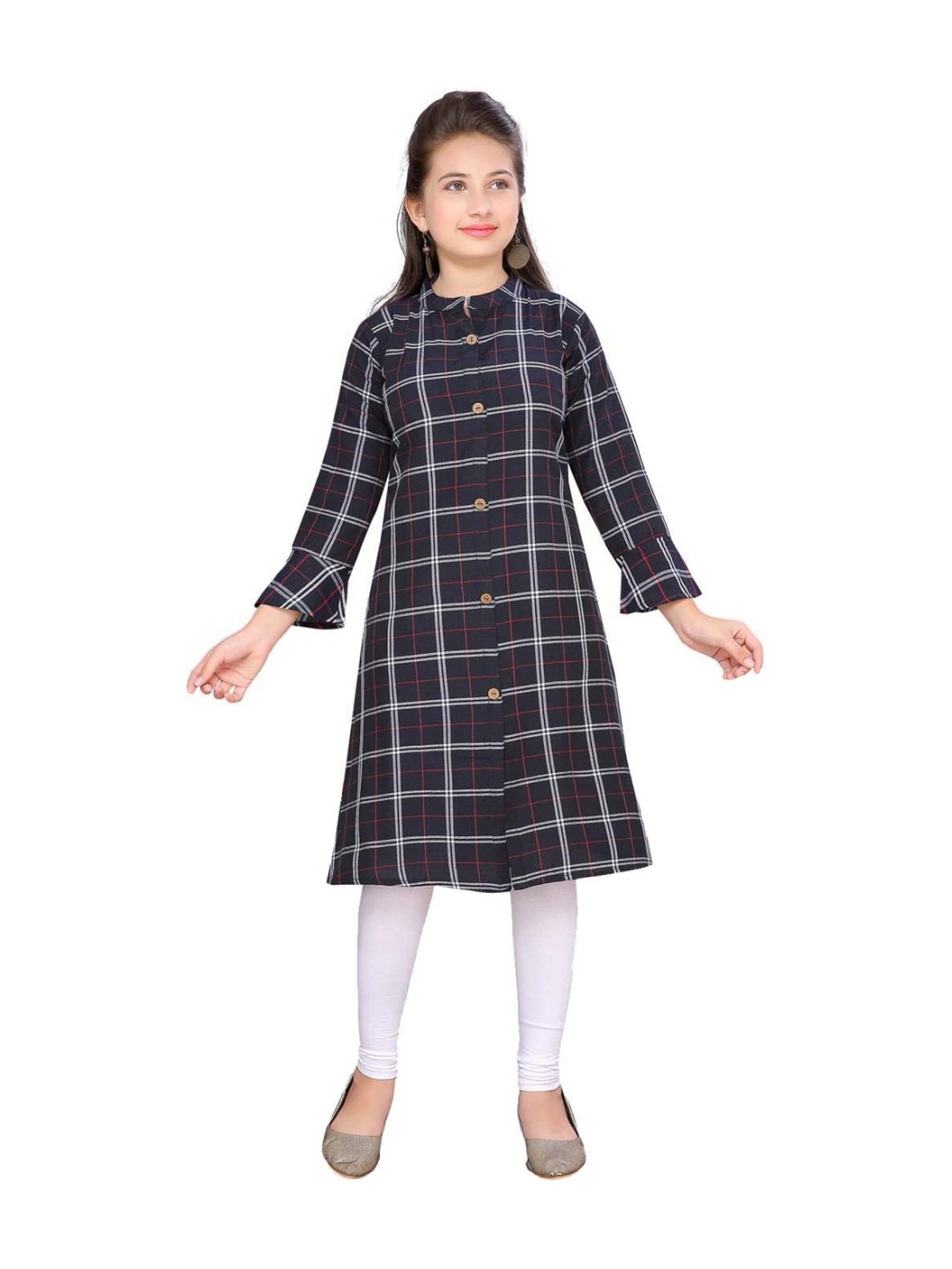 Aarika Kids Black Cotton Plaid Pattern Kurti