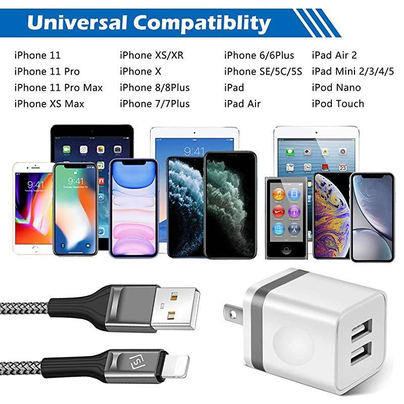 iPhone Charger Cable 10 FT with Wall Plug Braided Long iPhone Charging Cord + Dual USB Wall Charger Block Adapter Compatible with iPhone 121111 Pro MaxXSXRX876 Plus iPad 4Pack