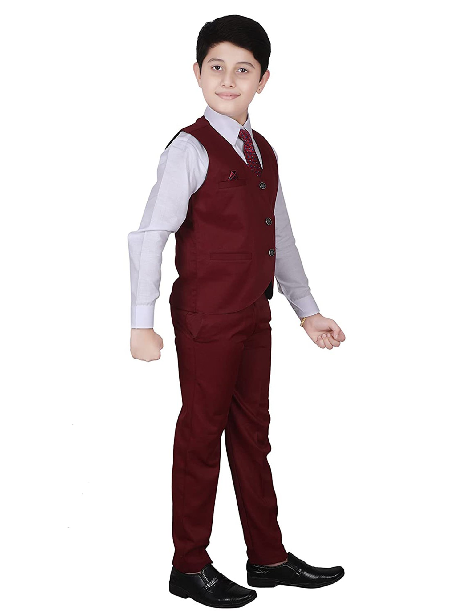 Pro-Ethic Style Developer Kids Maroon & White Solid Full Sleeves Shirt, Waistcoat, Pants with Tie