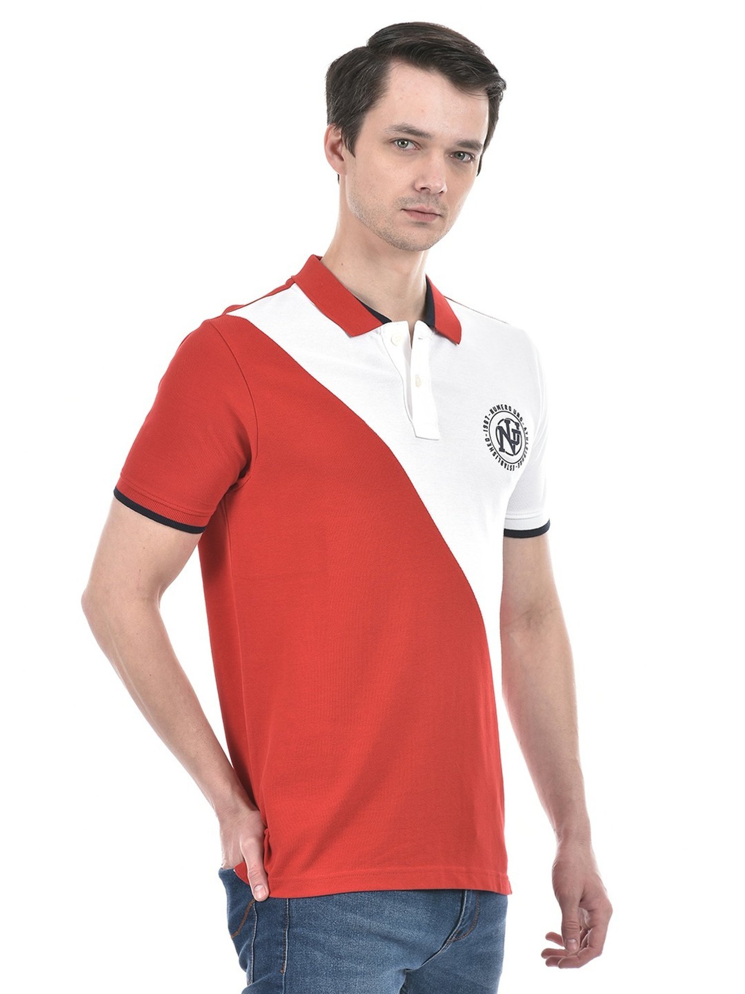 Numero Uno White Cotton Regular Fit Colour Block Polo T-Shirt