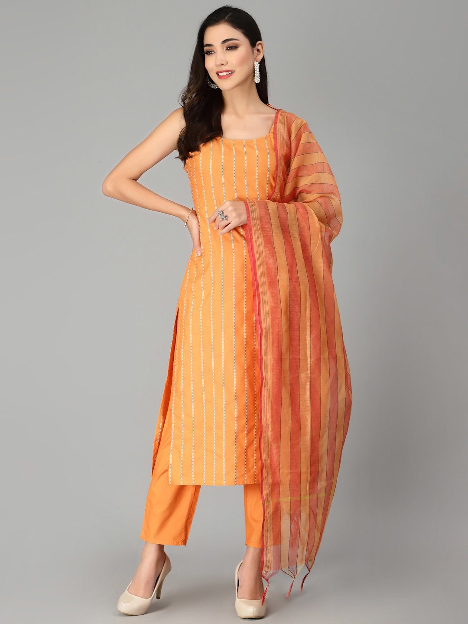 Stylum Orange Striped Kurta Pant Set With Dupatta