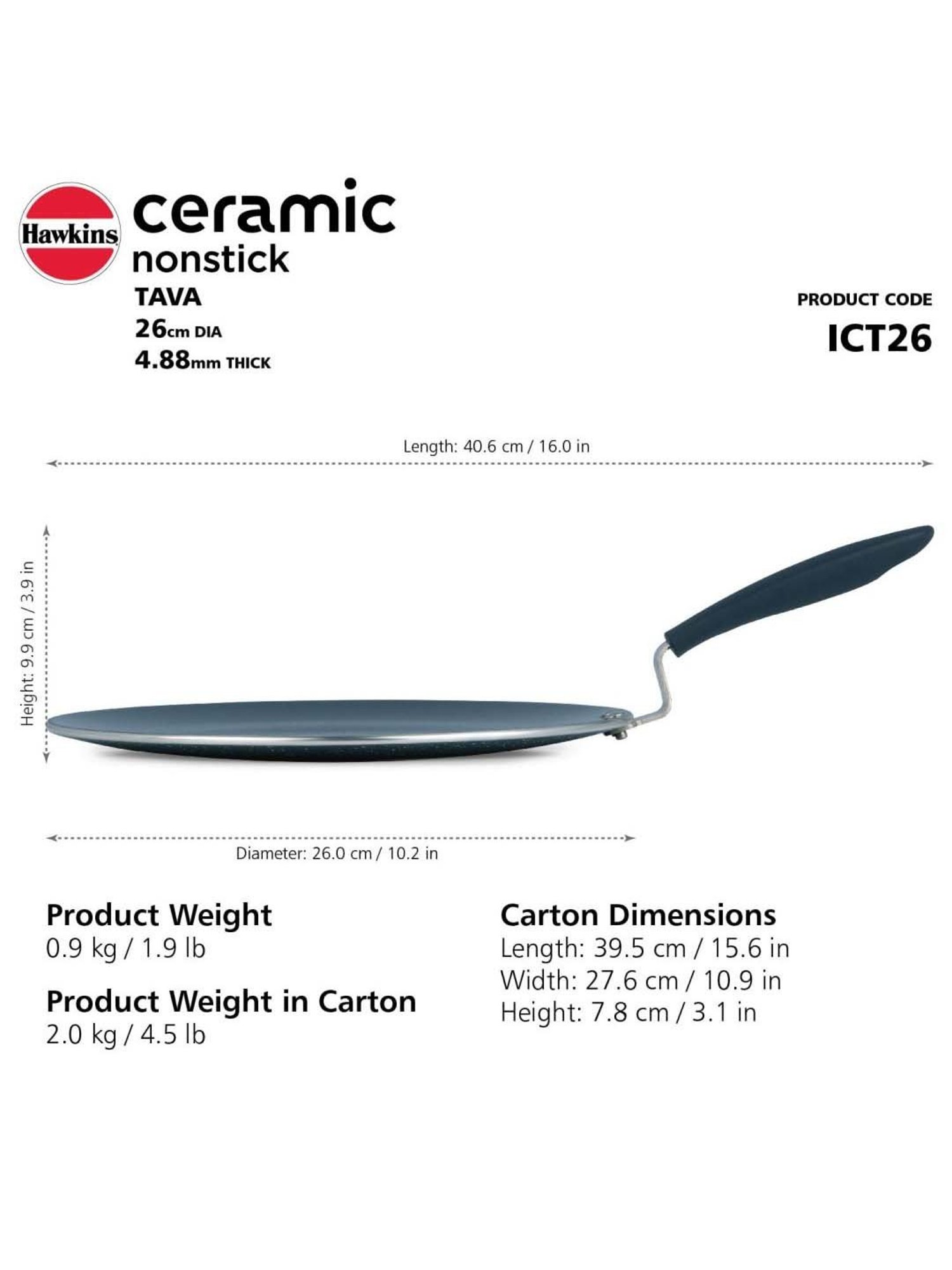Hawkins Black Ceramic 26 cm Induction Paratha Granite Griddle Tawa (Ict26)