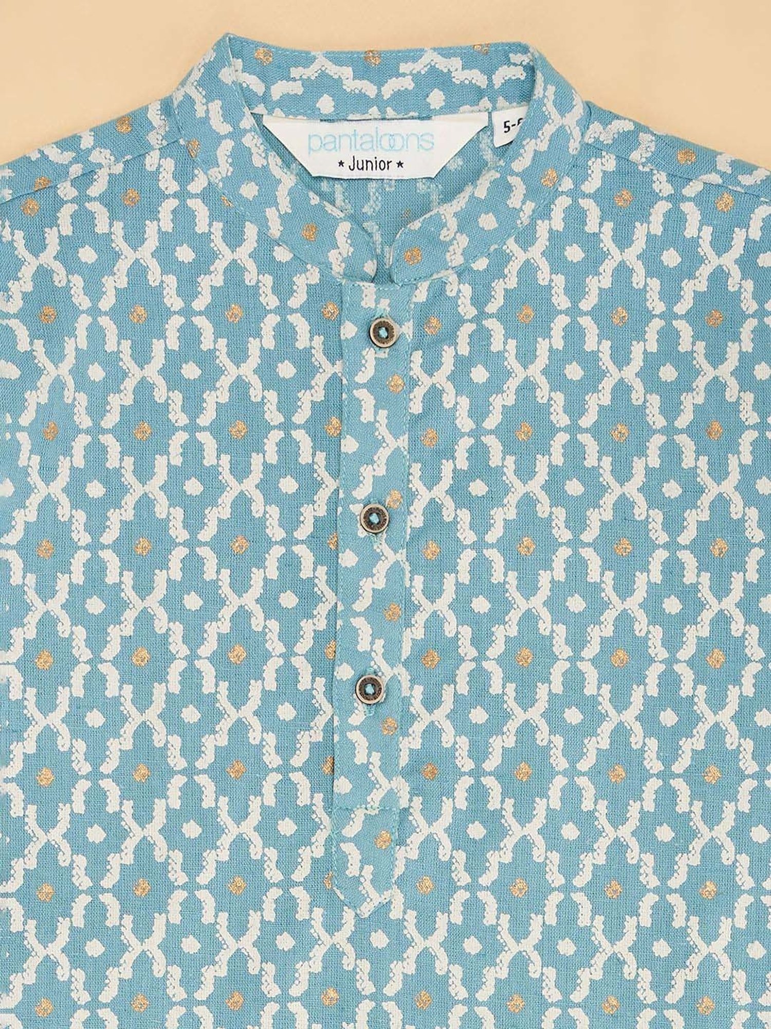 Indus Route by Pantaloons Kids Blue Linen Printed Full Sleeves Kurta