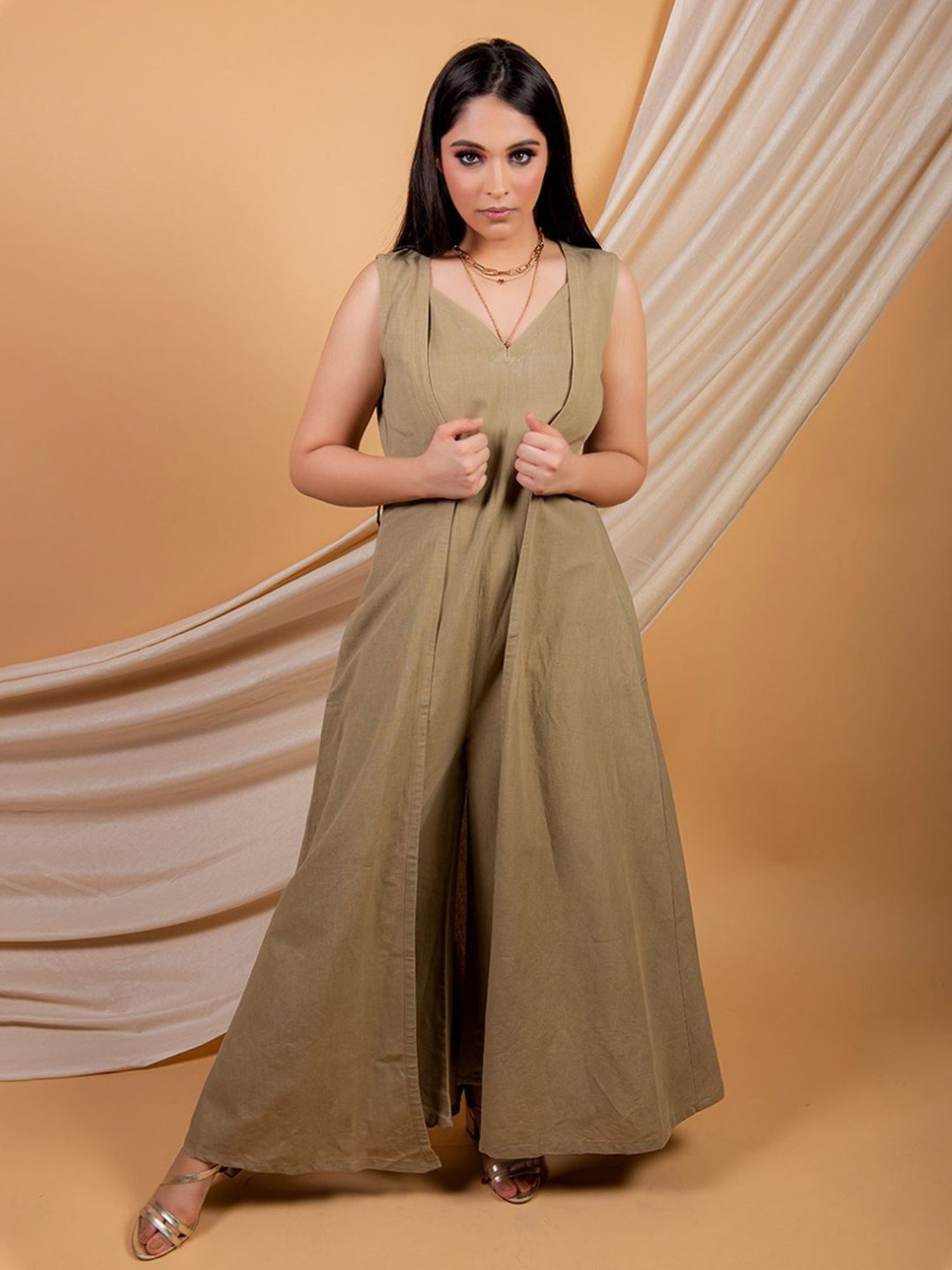 Priya Chaudhary Olive Green Umber Solid Jumpsuit In Cotton Linen Fabric and a Sleeveless Over Wear