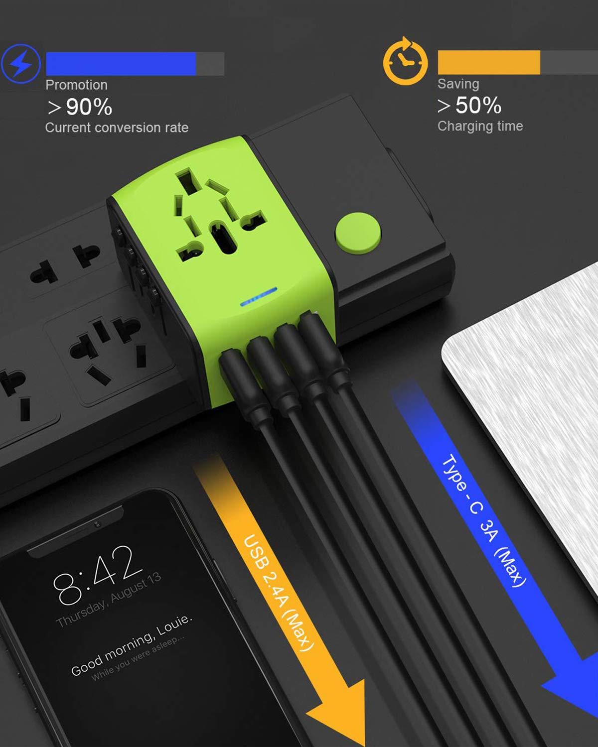 Travel Plug Adapter, Universal Travel Adapter, Travel Power Plug Adapter, International Power Adapter with 3.4A 3 USB & 1 Type-C, for UK, EU, US, AUS, and More 170 Countries (Green)