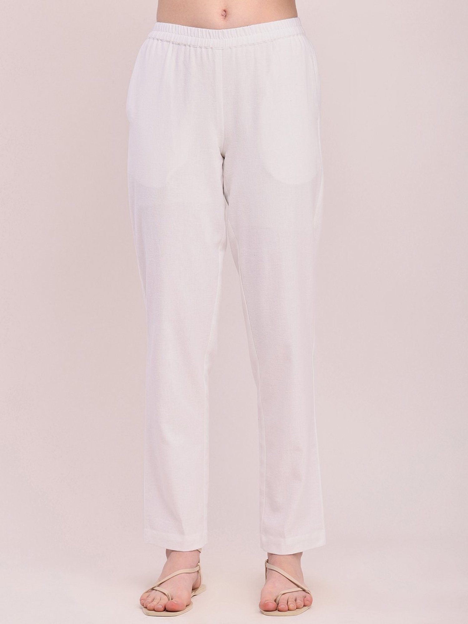 Pink Fort White Cotton Relaxed Fit Pants