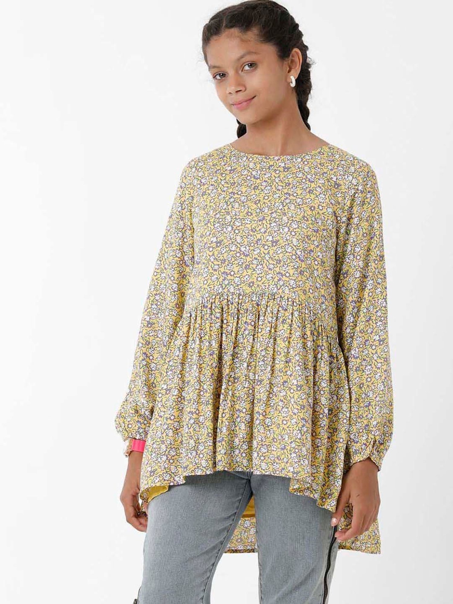 Kate & Oscar Kids Yellow Floral Print Full Sleeves Top
