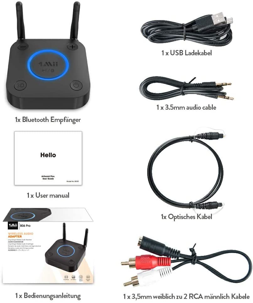 1Mii B06Pro Long Range Bluetooth Receiver, HiFi Wireless Audio Adapter, Bluetooth 5.0 Receiver with 3D Surround aptX Low Latency Optical RCA AUX 3.5mm Coaxial for Home Stereo System